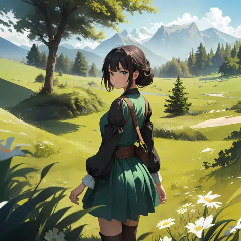 anime girl in green dress standing in a field with mountains in the background, detailed digital anime art, artwork in the style of guweiz, artgerm and atey ghailan, makoto shinkai art style, digital anime art, digital anime illustration, smooth anime cg a...