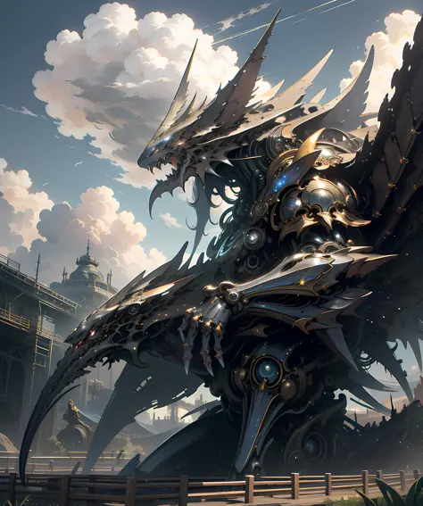 ((best quality)), ((masterpiece)), (detailed), giant mecha, horror beauty, perched on a cloud, (fantasy illustration:1.3), encha...