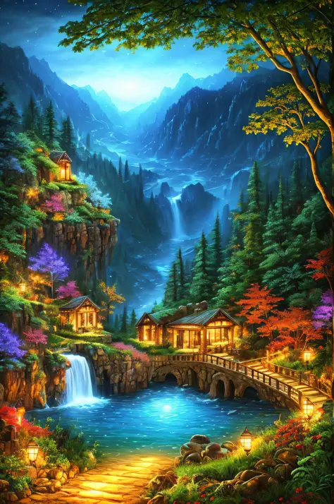 best quality, masterpiece, beautiful wild and natural fantasy landscape with glowing lights