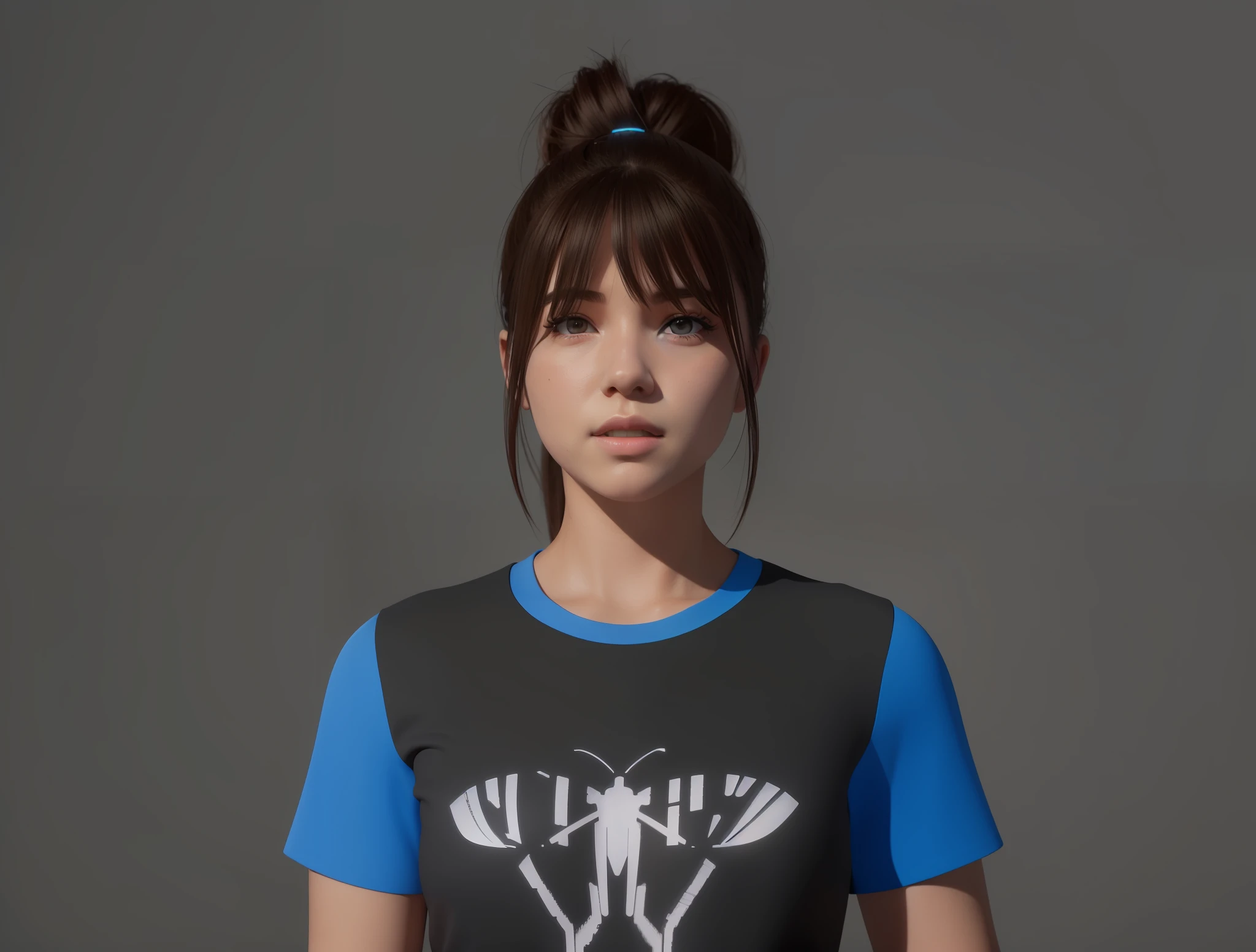 There's a woman who's holding a Wii Remote in her hand, realistic clothes, Insect trainer girl, Max Caulfield portrait, realistically rendered clothes, upper body avatar, photorealistic portrait of Bjork, hyperrealistic teenager, modeled in poser, wonderful designer substance, 3D demo roll avatar, wonderful designer, a t-shirt. blender art, described as a 3D rendering, (lapel microphone on the right ear), (computers behind the woman)