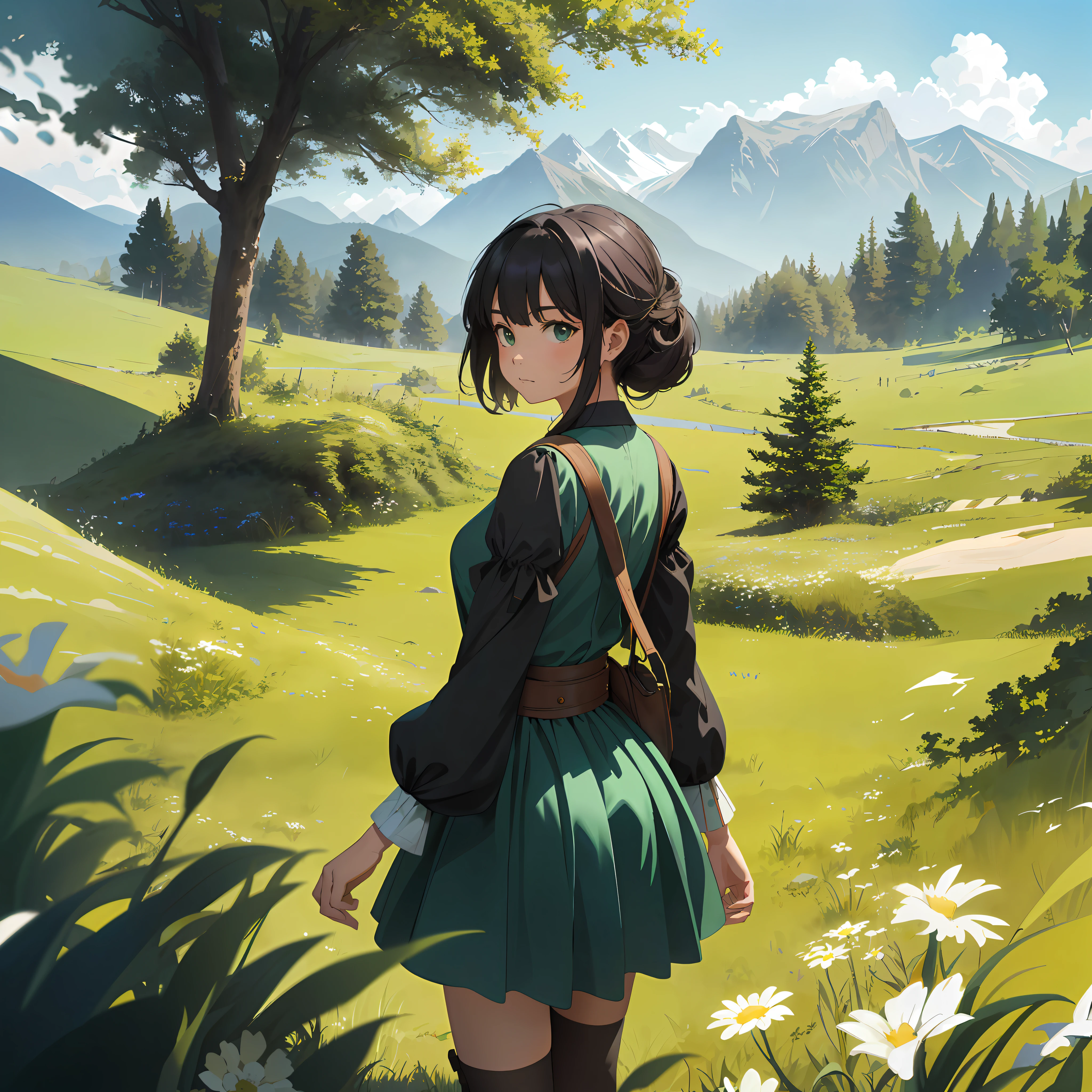 anime girl in green dress standing in a field with mountains in the background, detailed digital anime art, artwork in the style of guweiz, artgerm and atey ghailan, makoto shinkai art style, digital anime art, digital anime illustration, smooth anime cg art, anime countryside landscape, 2. 5 d cgi anime fantasy artwork