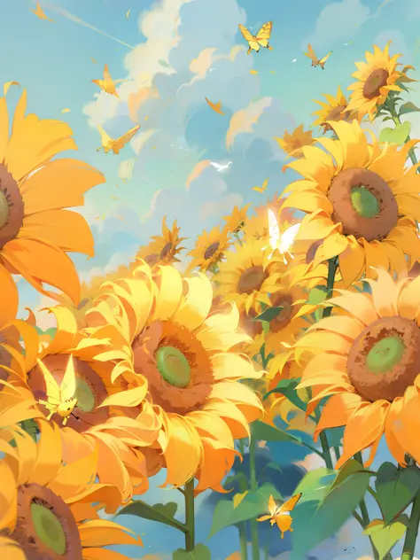 Ultra clear, super detailed, colorful, sunflowers, flying butterflies, clouds, sunlight
