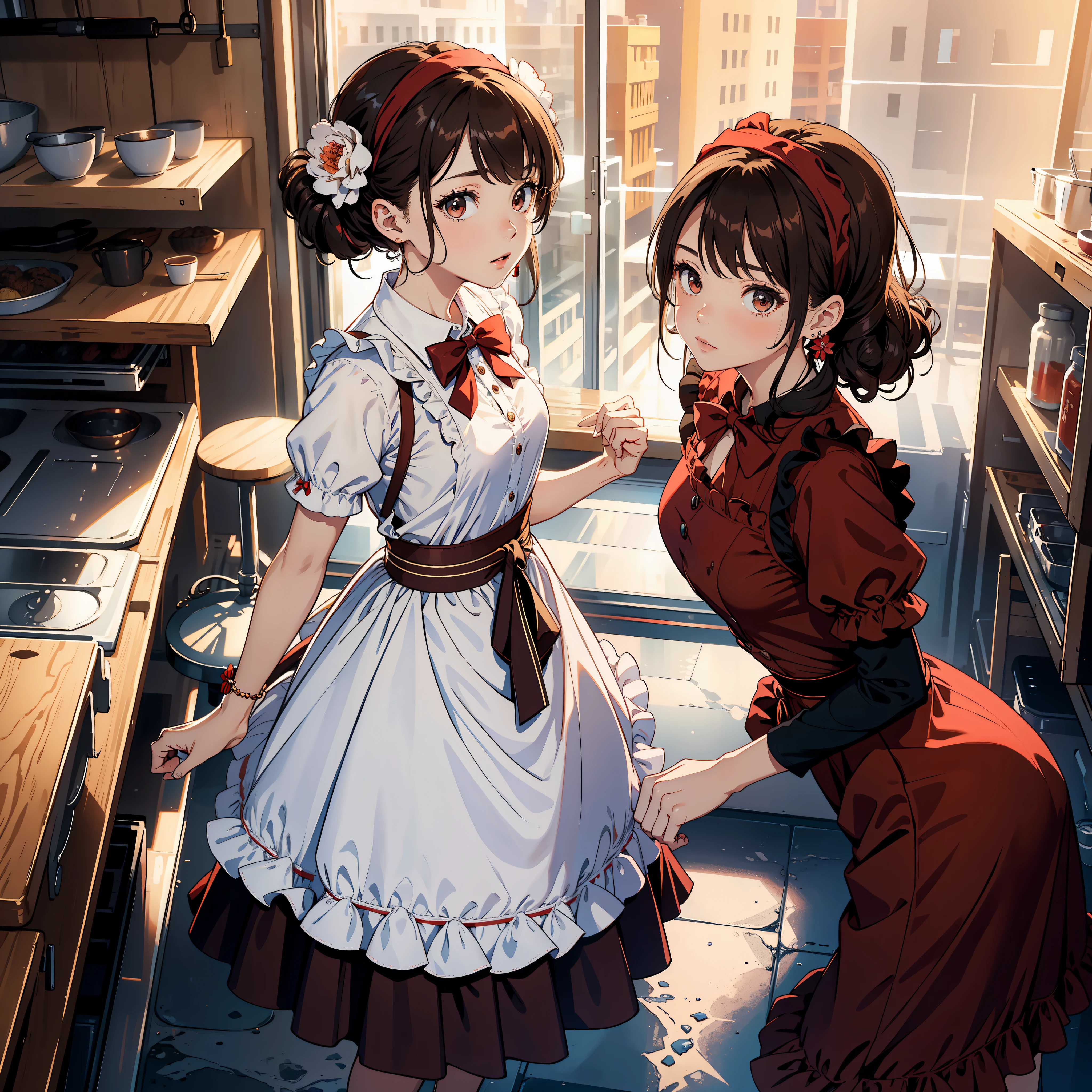 masterpiece, best quality, highres, oe1, hair flower, earrings, waist apron, red bow, brown skirt, ruffles, headscarf, white apron, shirt, ruffled apron, back,