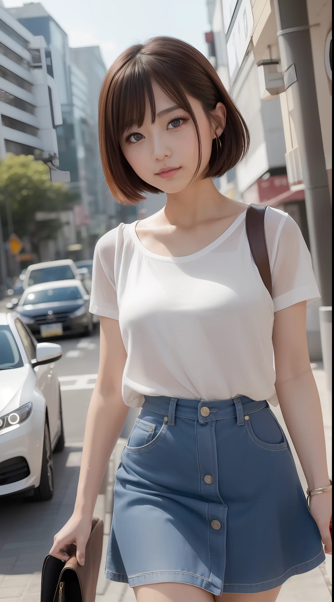 ((Best quality, 8k, Masterpiece: 1.3)), Sharp focus: 1.2, 1 AKB48 girl, beautiful face girl, cute face, age 28, small breasts, flat chest, short messy hair, walking, UNIQLO casual clothes, skirt, seeing panties, cafe, sunlight, dramatic angle, kindness, cinematic lighting, from below, (8k, masterpiece, best quality, raw photo)