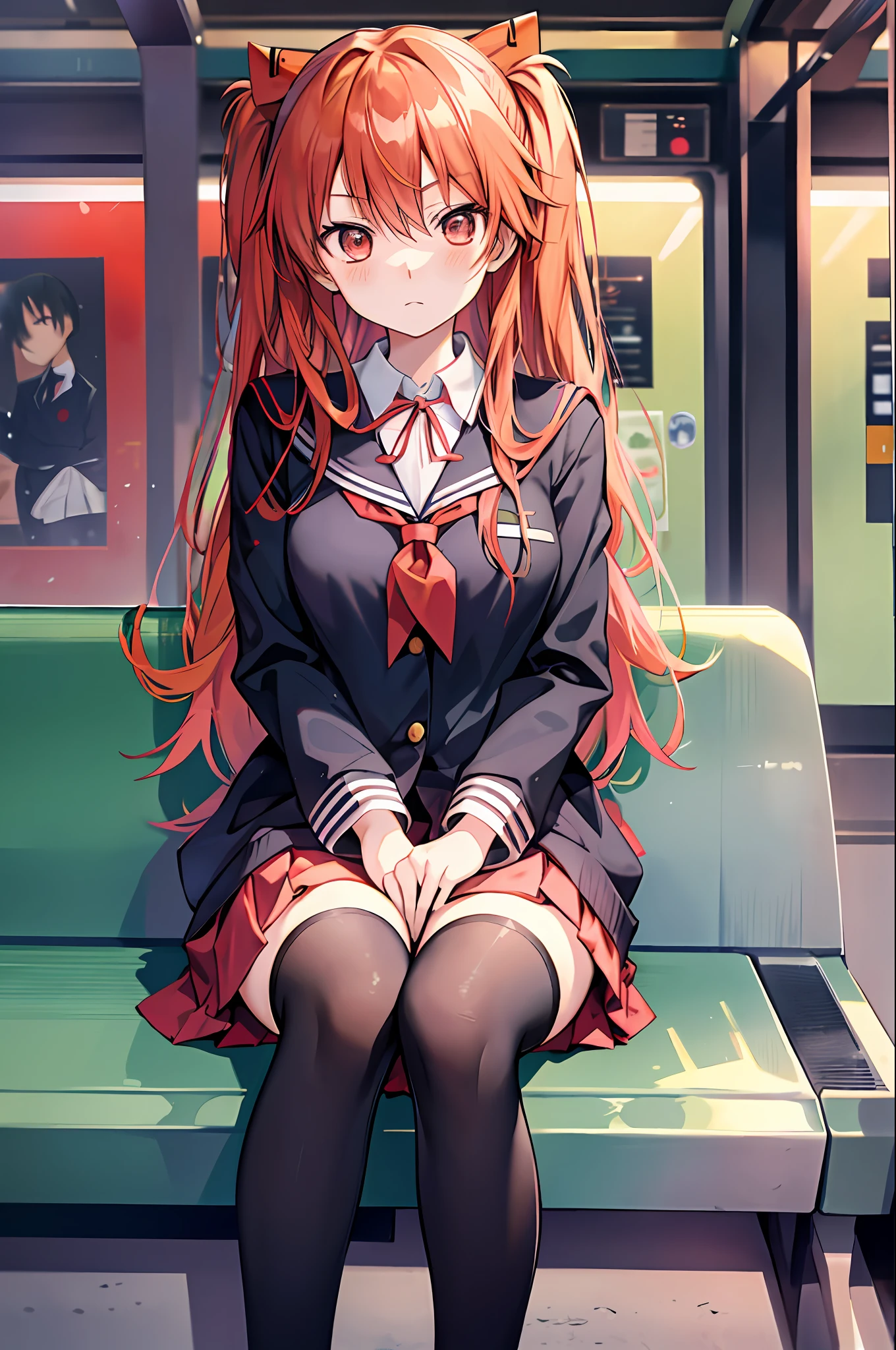 souryuu asuka langley, school uniform, jitome, ,subway station, sitting,looking at viewer, date a live, shy, disdain,