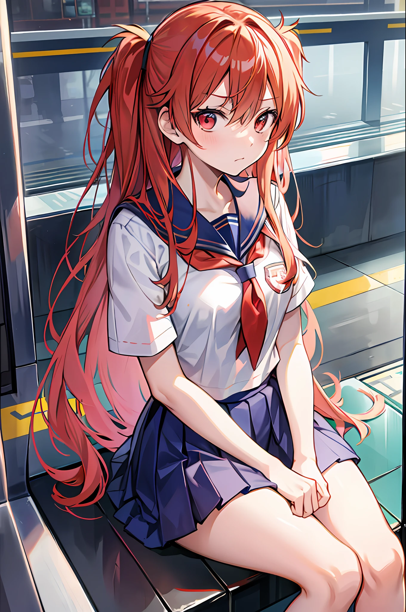 souryuu asuka langley, , jitome, ,subway station, sitting,looking at viewer, date a live, shy, disdain,