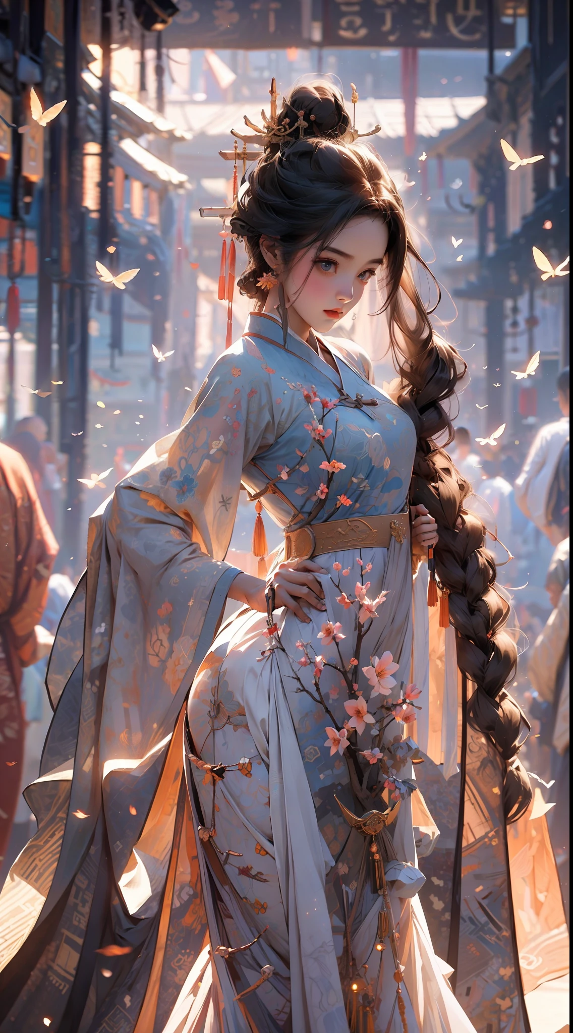 Obra maestra, mejor calidad, luz lateral, destello de lente, trazado de rayos, enfoque nítido, vestido con hanfu, una mujer, bailando bajo las flores de durazno