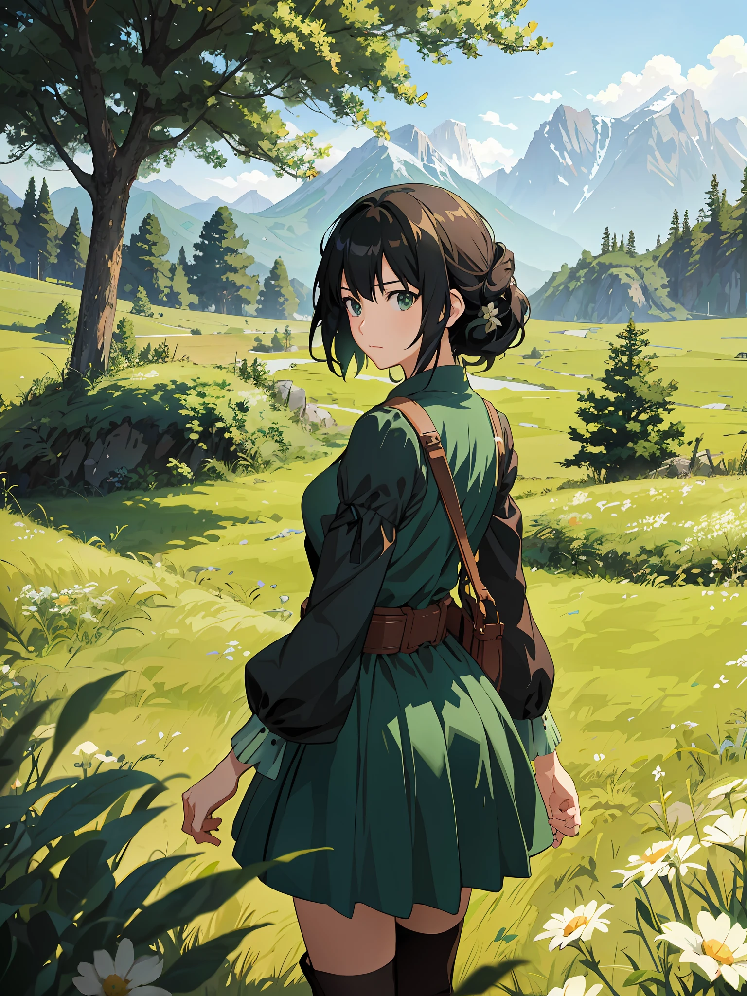 Anime girl standing in field with mountains in background in green dress, detailed digital anime art, Guvez style artwork, Artgerm and Atey Ghailan, Makoto Shinkai art style, digital anime art, digital anime illustration, smooth anime CG art, anime country landscape, 2.5 D CGI anime fantasy artwork