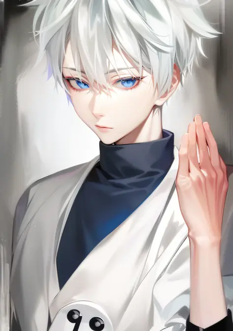 anime boy with white hair and blue eyes holding his hand up, kaworu nagisa, inspired by Josetsu, kaneki ken, killua zoldyck, ((w...