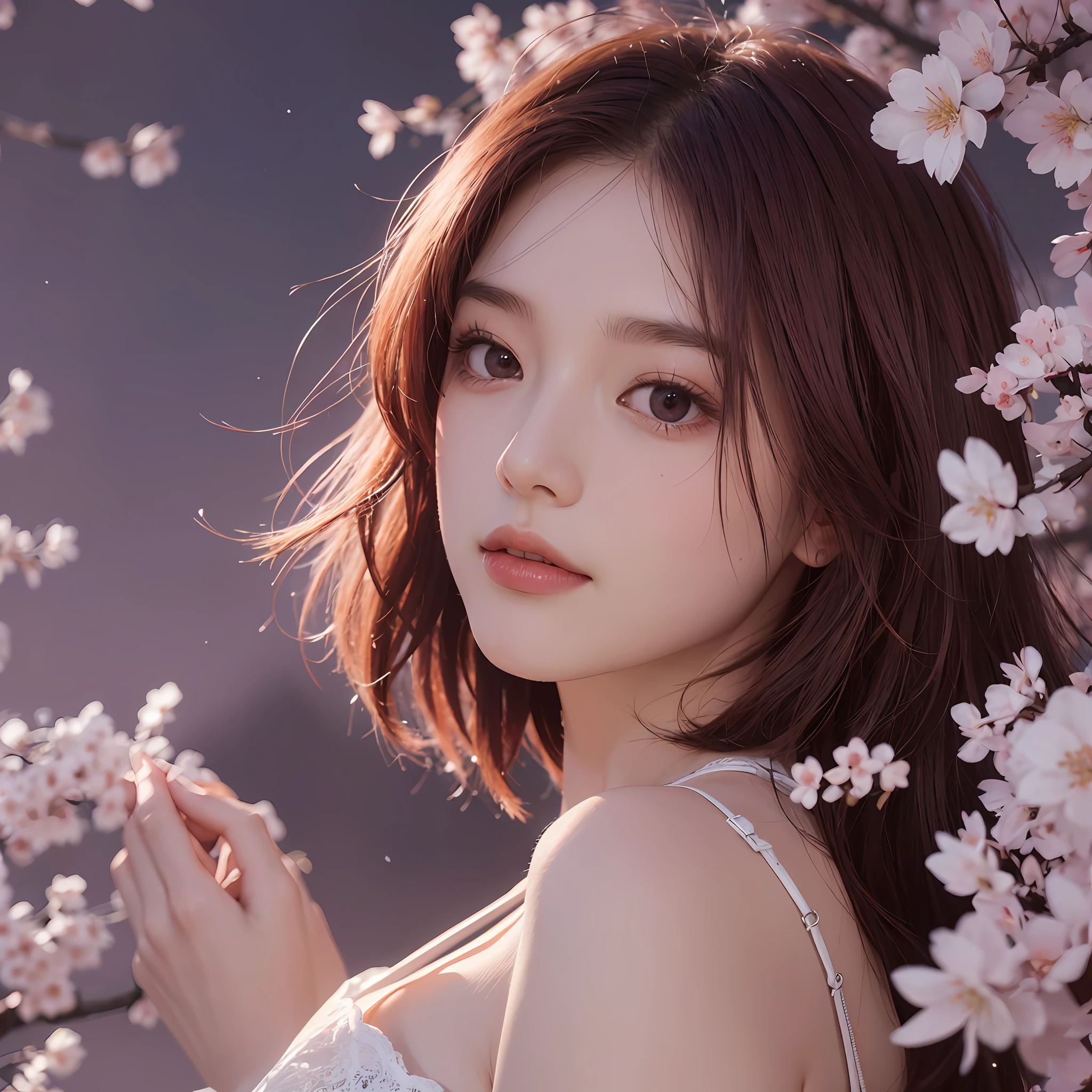 (Photorealistic: 2.0) (RAW Photo: 2.0), Best Quality, Masterpiece, Depth of Field, Photo, Round Face, Hair Color: Burgundy, Short Hair, Cherry Blossom, Moon, Underwear, Low Angle, Nature Background, Night Sky --auto --s2