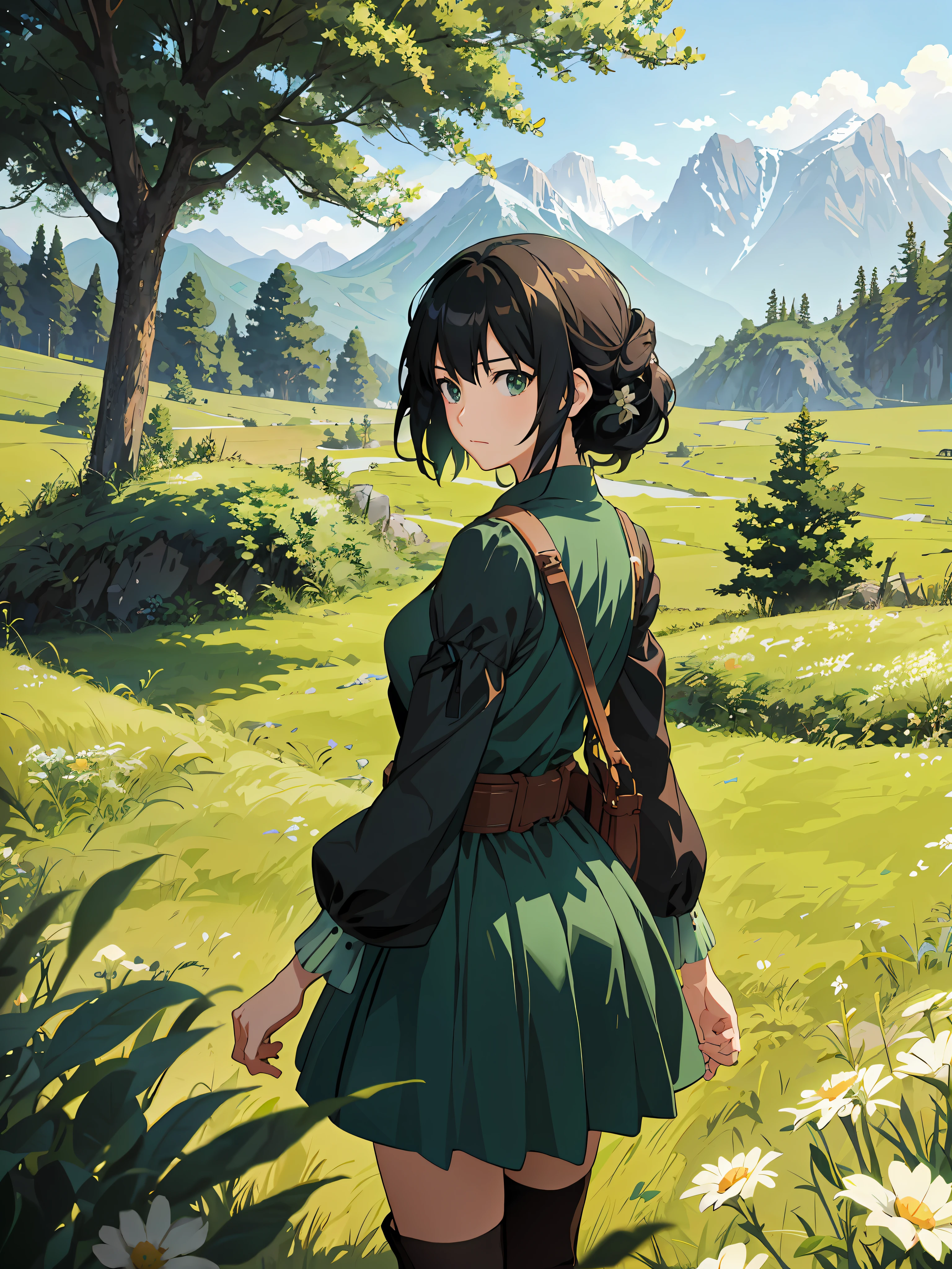 Anime girl standing in field with mountains in background in green dress, detailed digital anime art, Guvez style artwork, Artgerm and Atey Ghailan, Makoto Shinkai art style, digital anime art, digital anime illustration, smooth anime CG art, anime country landscape, 2.5 D CGI anime fantasy artwork
