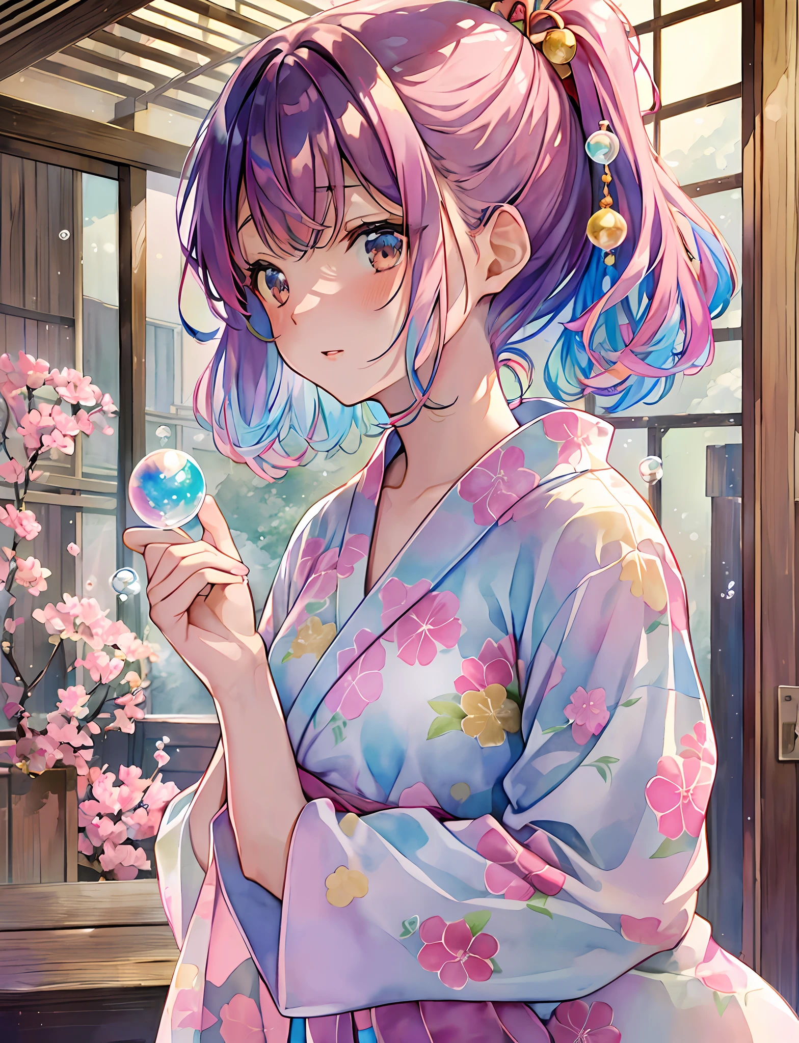 Yumekawa, dreamy cute, pale, moya, (masterpiece, highest quality, highest quality, watercolor (middle), upper body, kiss, lesbian, yukata, changing clothes, pattern, break, (twin-tailed iridescent hair: 1.2), break, soap bubble, cloud, colorful, soap bubble, spread throughout, cute, pastel, sweet, fluffy