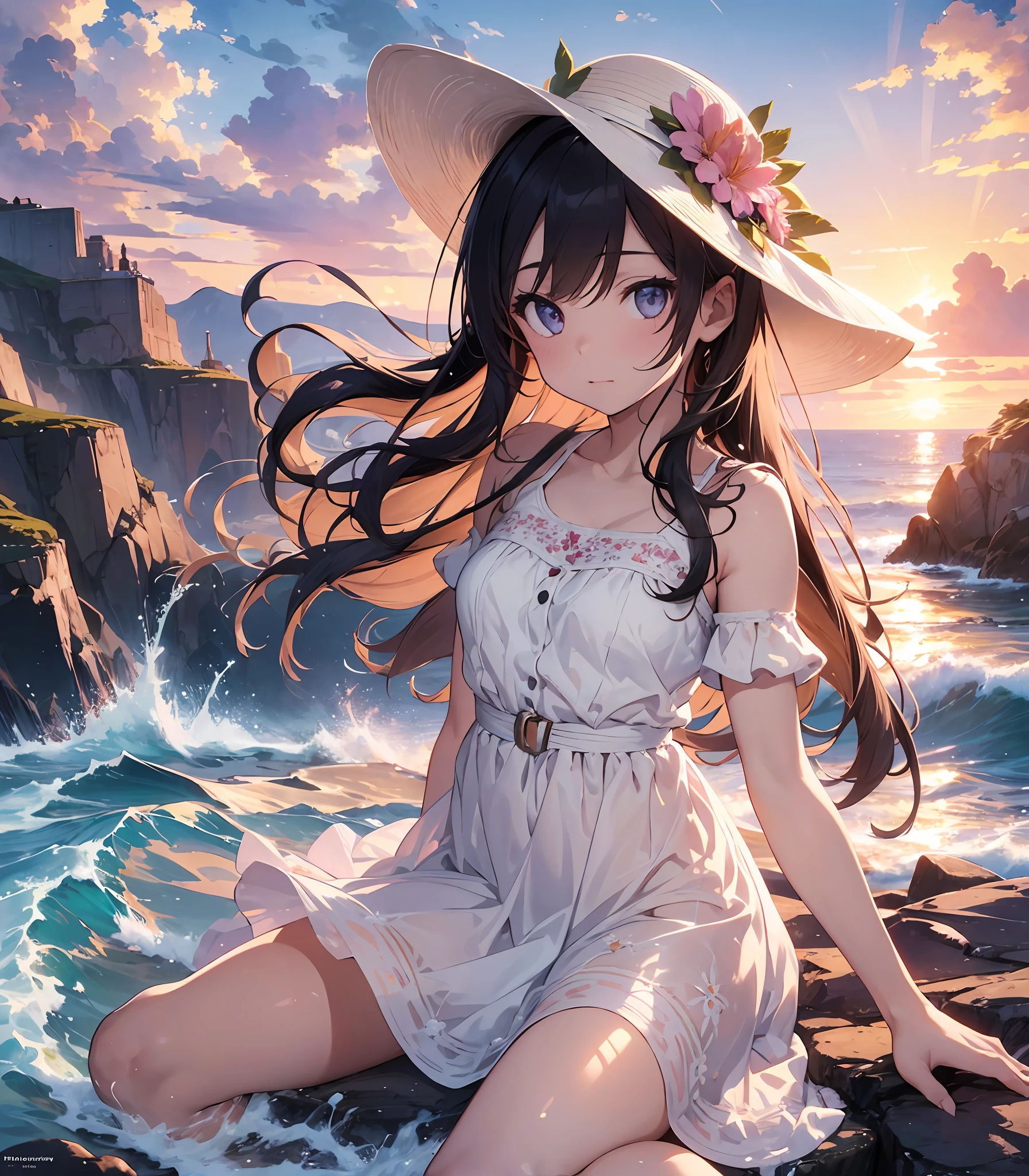 1girl, (solo:1.2), ((masterpiece)), [slim], (small breasts), pale skin, ((detailed eyes)), (background blur), (dynamic angle), dynamic pose, watching sunset, sun sets over ocean, rocky coast, lighthouse, golden glow, ethereal quality, summer dress, pink dress, flower embroidery, wide-brimmed sunhat, white sneakers