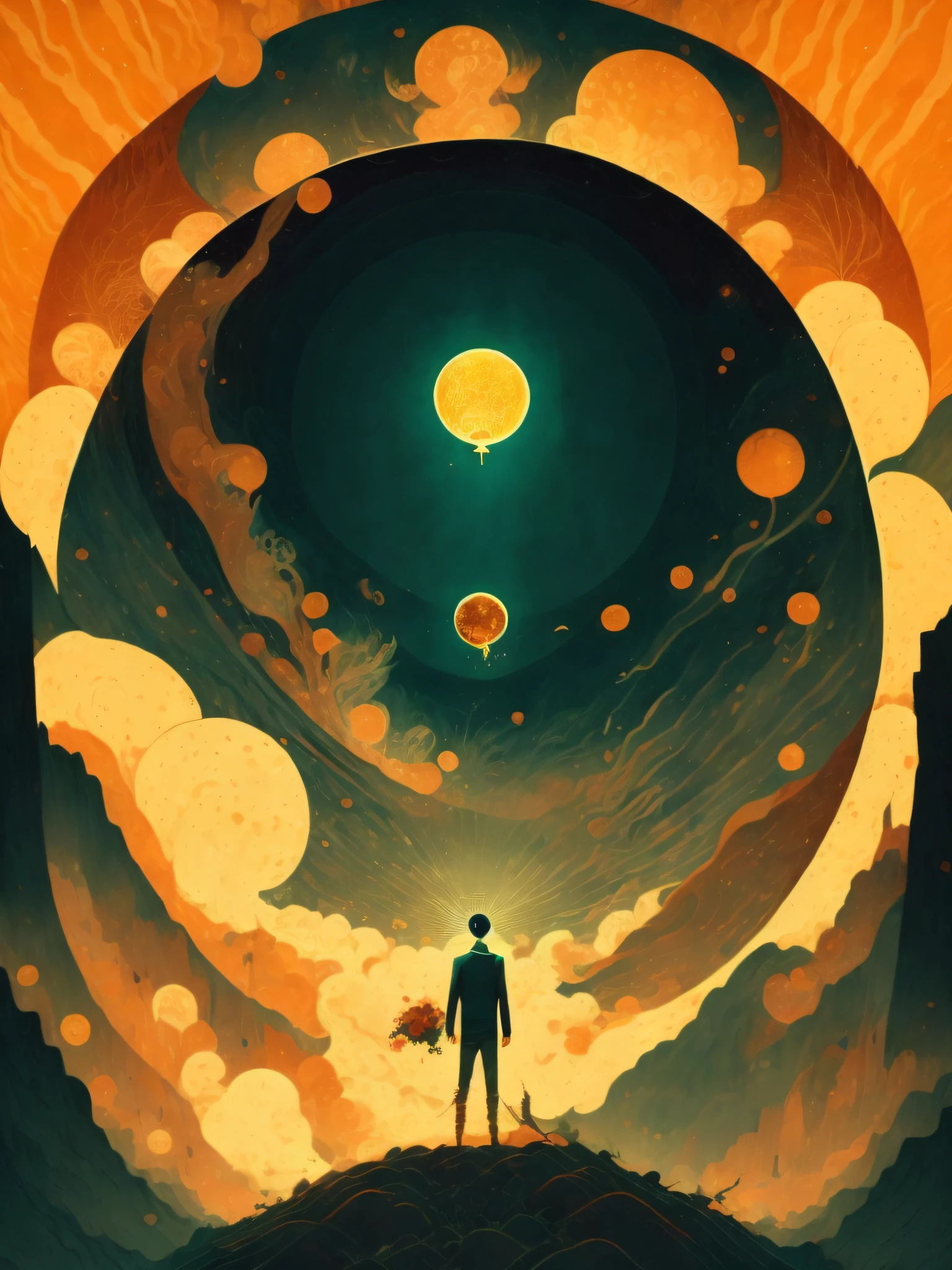 una pintura de un hombre parado frente a un sol gigante con humo saliendo de él por Victo Ngai