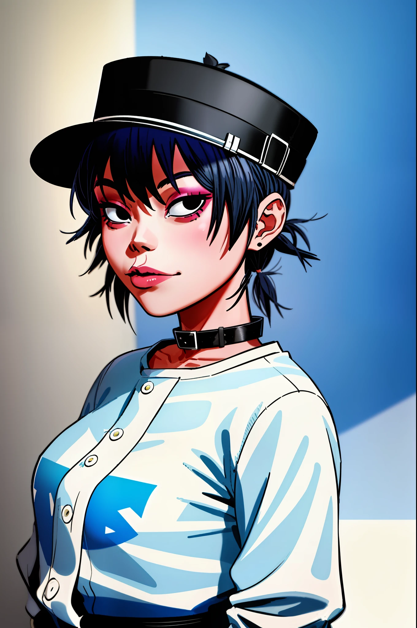 noodle (gorillaz), masterpiece, best quality, 1girl, solo, hat, blue hair, twintails, makeup, bangs, collar, short hair, portrait, lipstick, black eyes, parody, breasts,