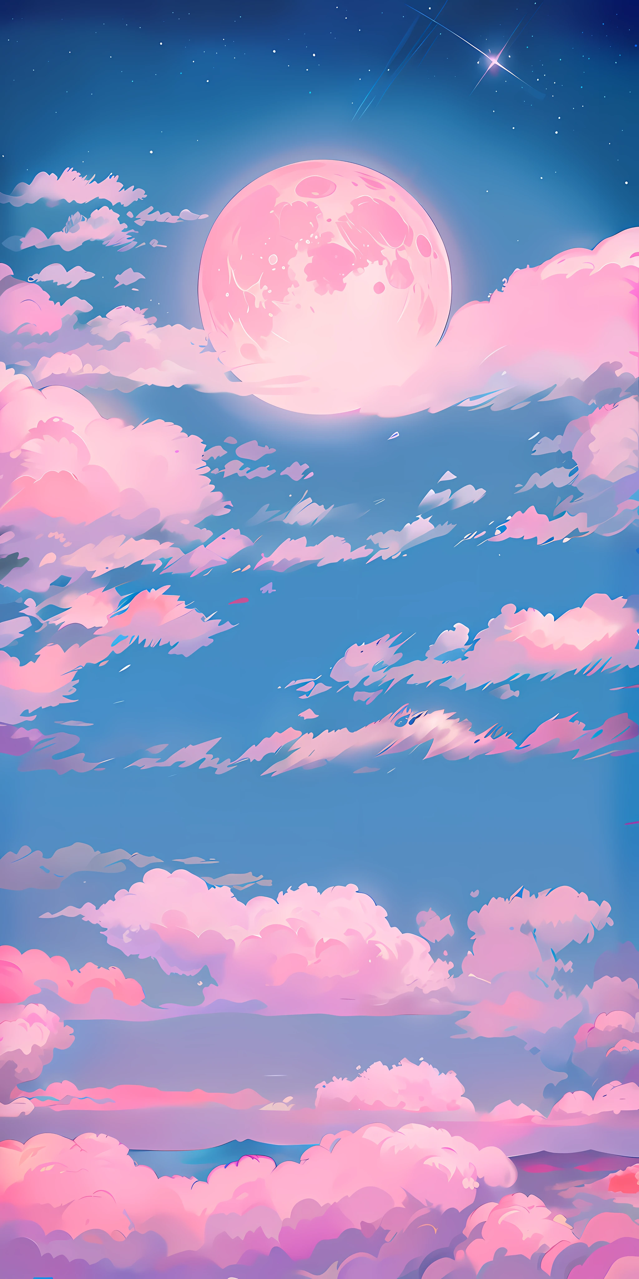 Masterpiece, best quality, (very detailed CG unified 8k wallpaper), (best quality), (best illustration), (best shadow), Octane rendering, ray tracing, super detailed, a picture of a pink moon in the sky, fluffy pink anime clouds, anime clouds, anime sky, anime background, beautiful fluffy clouds. anime, fantasy fluffy sky, moonlight cloud background, anime background art, pearl sky, marshmallow cloud, dream cloud, pink cloud, fantastic sky, background art, fluffy soft cloud, pink cloud background