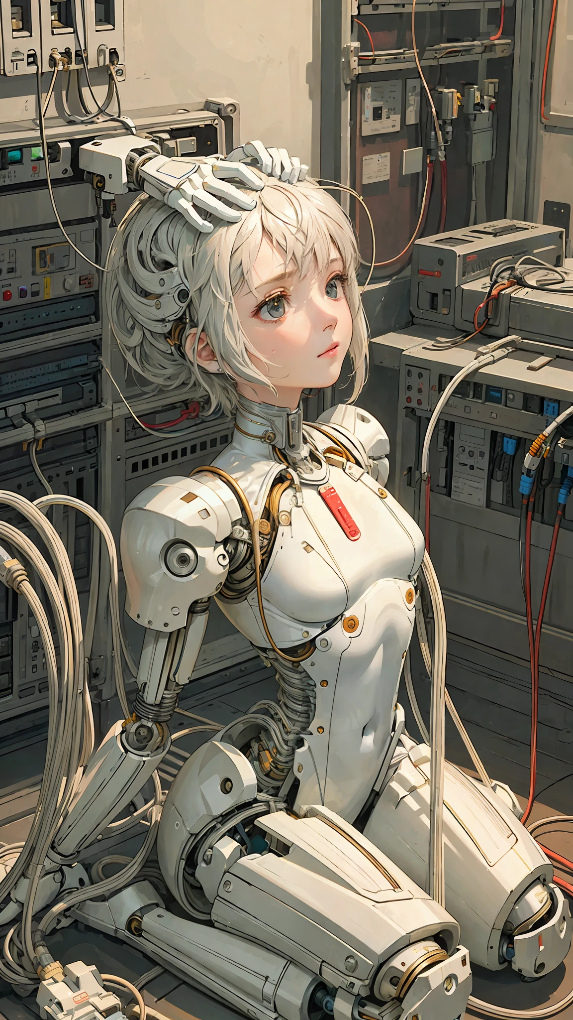 (((masterpiece))), (((best quality))), ((ultra-detailed)), (highly detailed CG illustration), ((an extremely delicate and beautiful)),(cute delicate face),cinematic light,((1mechanical girl)),solo,full body,(machine made joints:1.4),((machanical limbs)),(explosed muscles),(blood vessels connected to tubes),(a brain in container:1.3),((mechanical vertebra attaching to back)),((mechanical cervial attaching to neck)),((sitting)),expressionless,(wires and cables attaching to head and body:1.5),small breasts,short hair,(character focus),science fiction