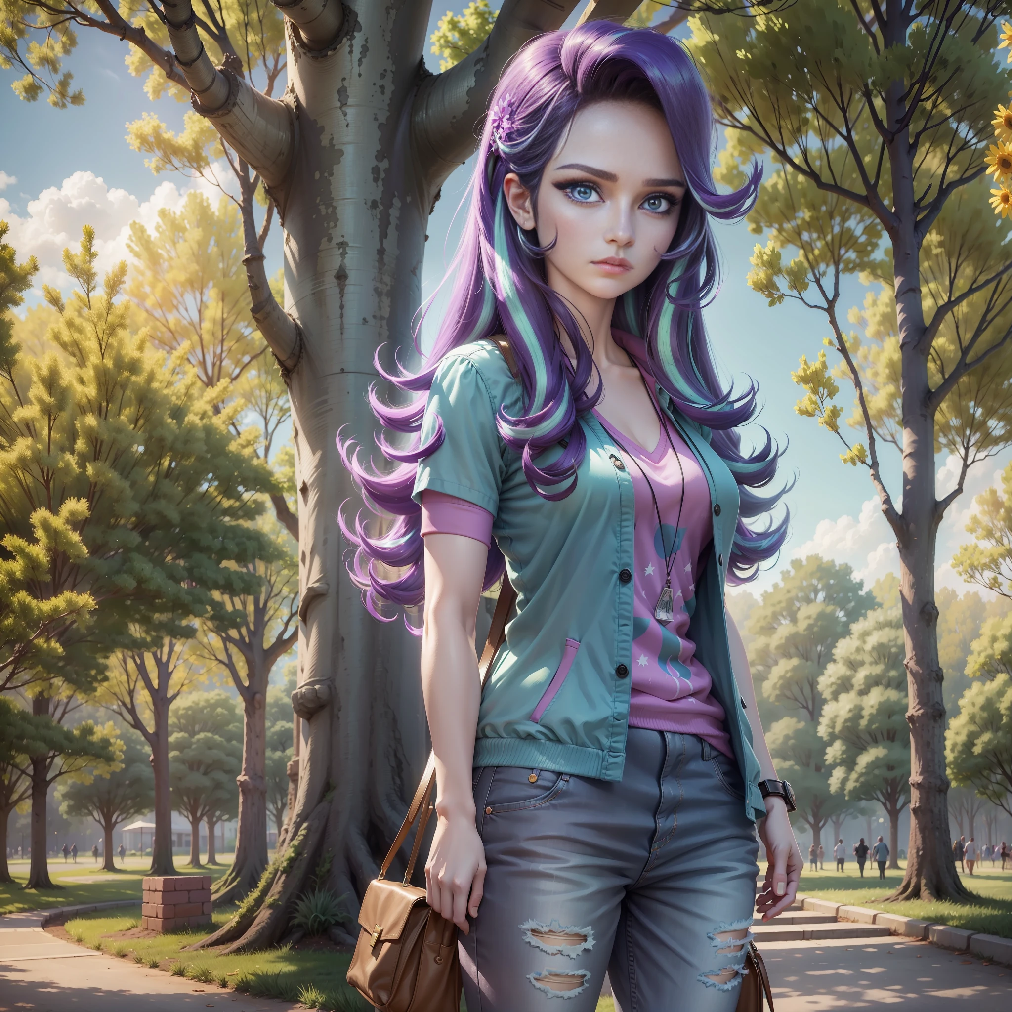Starlight_Glimmer, 1 women, blue eyes, detailed eyes, big eyes, casual wear, standing tall, standing in front of, summer, focus head, park, sunny day, 4k, realistic