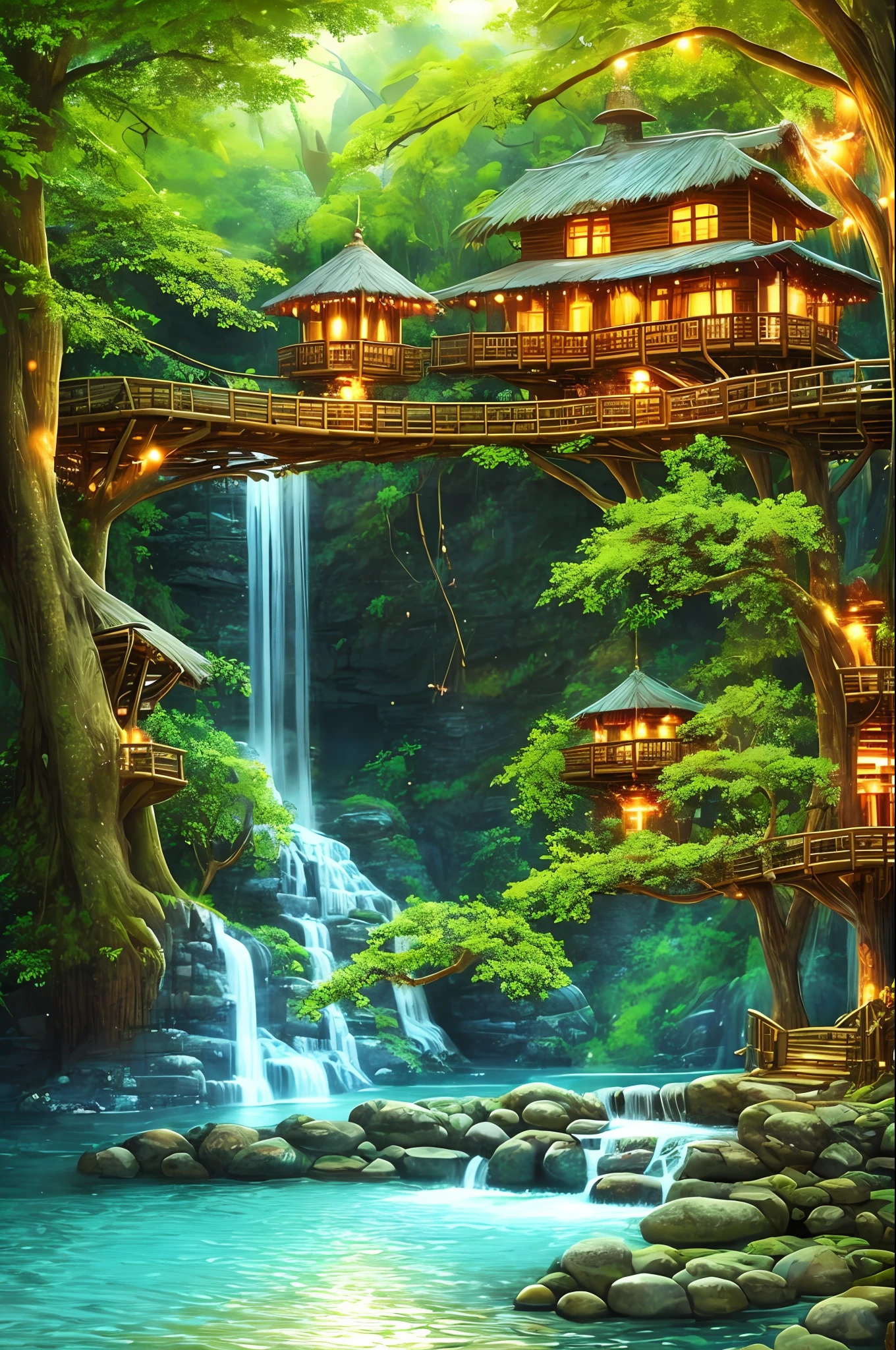 The best quality, masterpieces, beautiful wild and natural fantasy landscapes with glowing lights, clear spring waterfalls, tree houses, paths, bridges, glowing fruits on trees