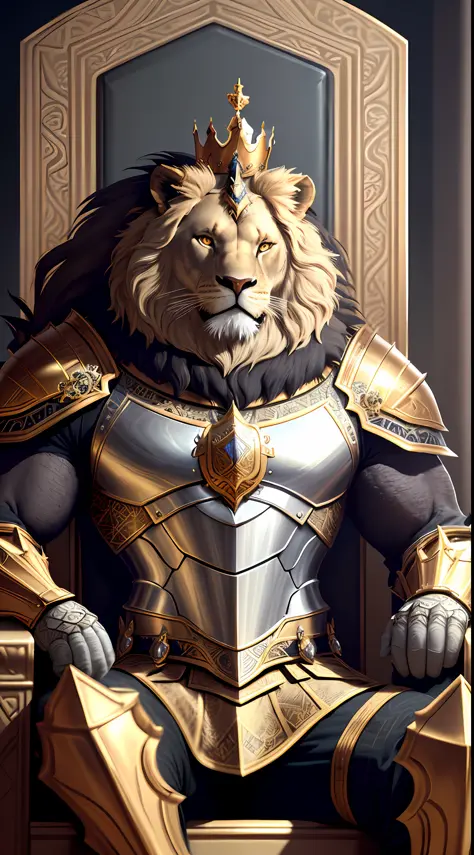 Majestic anthropomorphic lion knight with muscular body full body image sitting on a high and sublime throne, portrait, finely detailed armor and crown, cinematic lighting, intricate filigree metal design, 4k, 8k, unreal engine, octane rendering, --air 9:1...