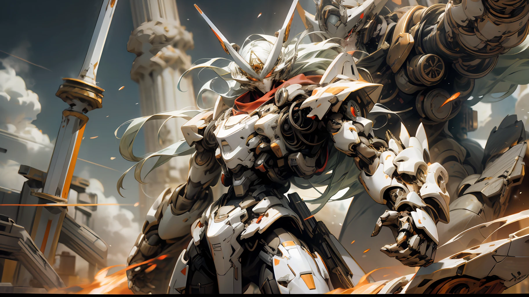 A beautiful game CG with the Doomsday theme as the main body, hyper-detailed, this is a light black and light white complex structure of the mecha, its hands hold a broad heavy armor sword, emitting a fiery red light: 1.2, the eyes emit dazzling red light: 0.8, 3D two-dimensional drawing, the scarf of breaking waves sways with the wind, anime drawing, chiaroscuro, light special effects, mecha detailed and exquisite, mecha face delicate and clear, light source on the eyes, background burning fire of the broken mechanical battlefield