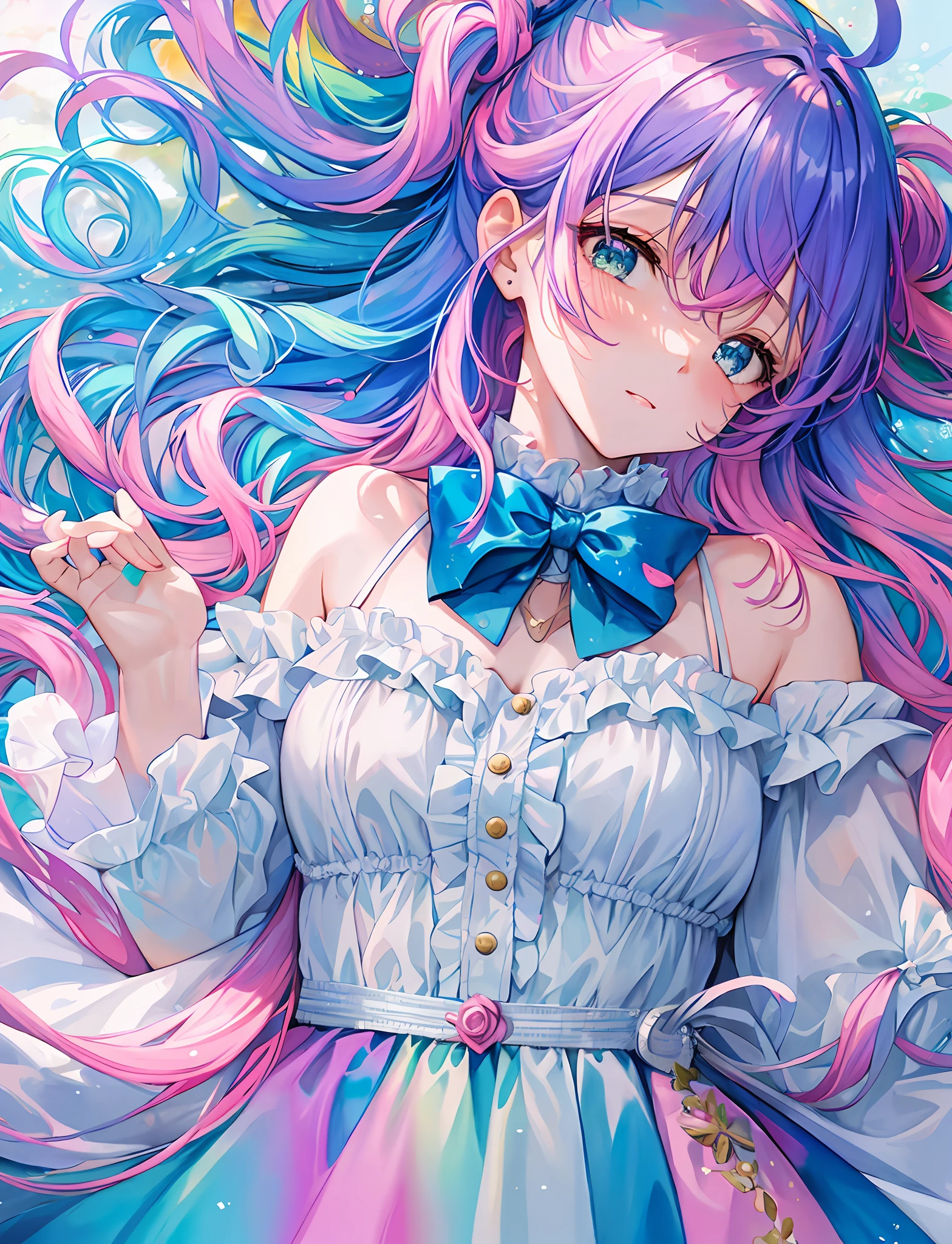 Yumekawa, dreamily cute, pale, moya, (masterpiece, highest quality, highest quality, watercolor (medium), official art, beautiful and aesthetic: 1.2), (two beautiful girls: 1.3), upper body, flirting, lesbian, lolita fashion, lolita, looking viewer, pattern, (iridescent hair, colorful hair, half blue and half pink hair: 1.2), soap bubbles, rainbow behind, clouds, colorful, soap bubbles, hair spread all over, cute, pastel, big ribbon, cute room, rainbow color unicorn plushie, sleeping on bed