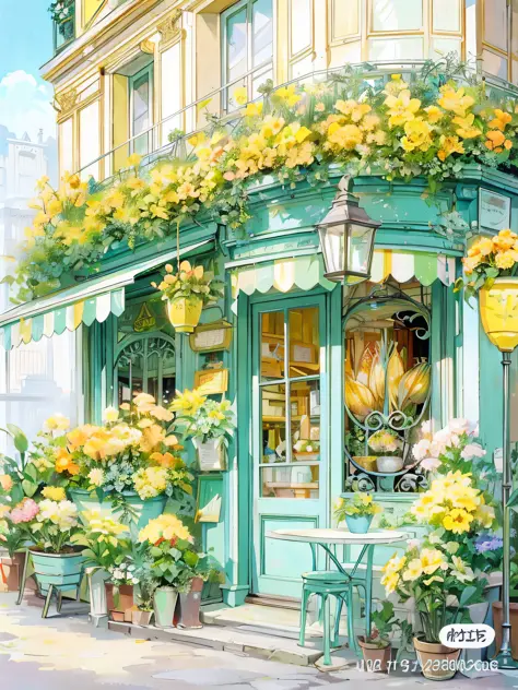 Florist scene, yellow flowers and green awnings outline the watercolor style of the flower shop, gentle, aesthetic green-yellow tones, turquoise tones, pale yellow-green tones, beautiful art full of light, matte gouache illustration, hand-painted Studio Gh...