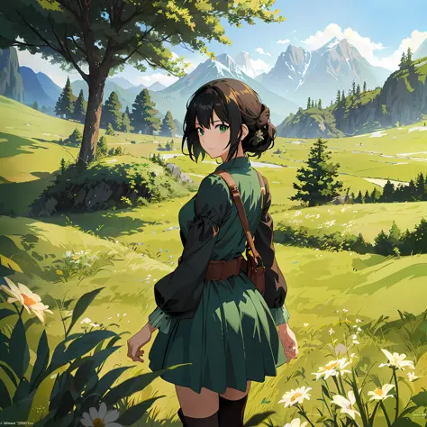 anime girl in green dress standing in a field with mountains in the background, official art, makoto shinkai art style, anime visual of a cute girl, detailed digital anime art, cushart krenz key art feminine, anime visual of a young woman, anime countrysid...