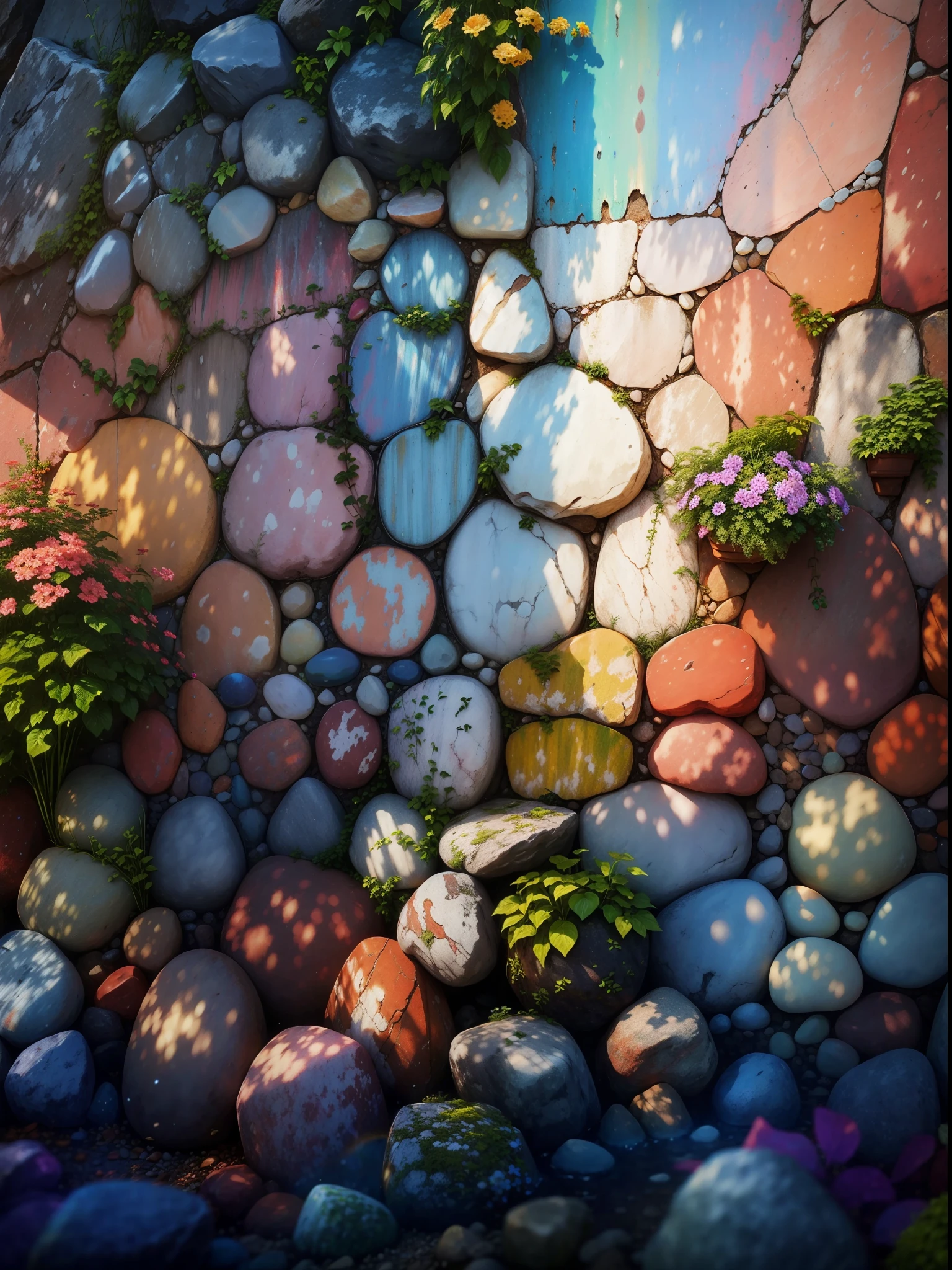 Rainbow-colored stone wall