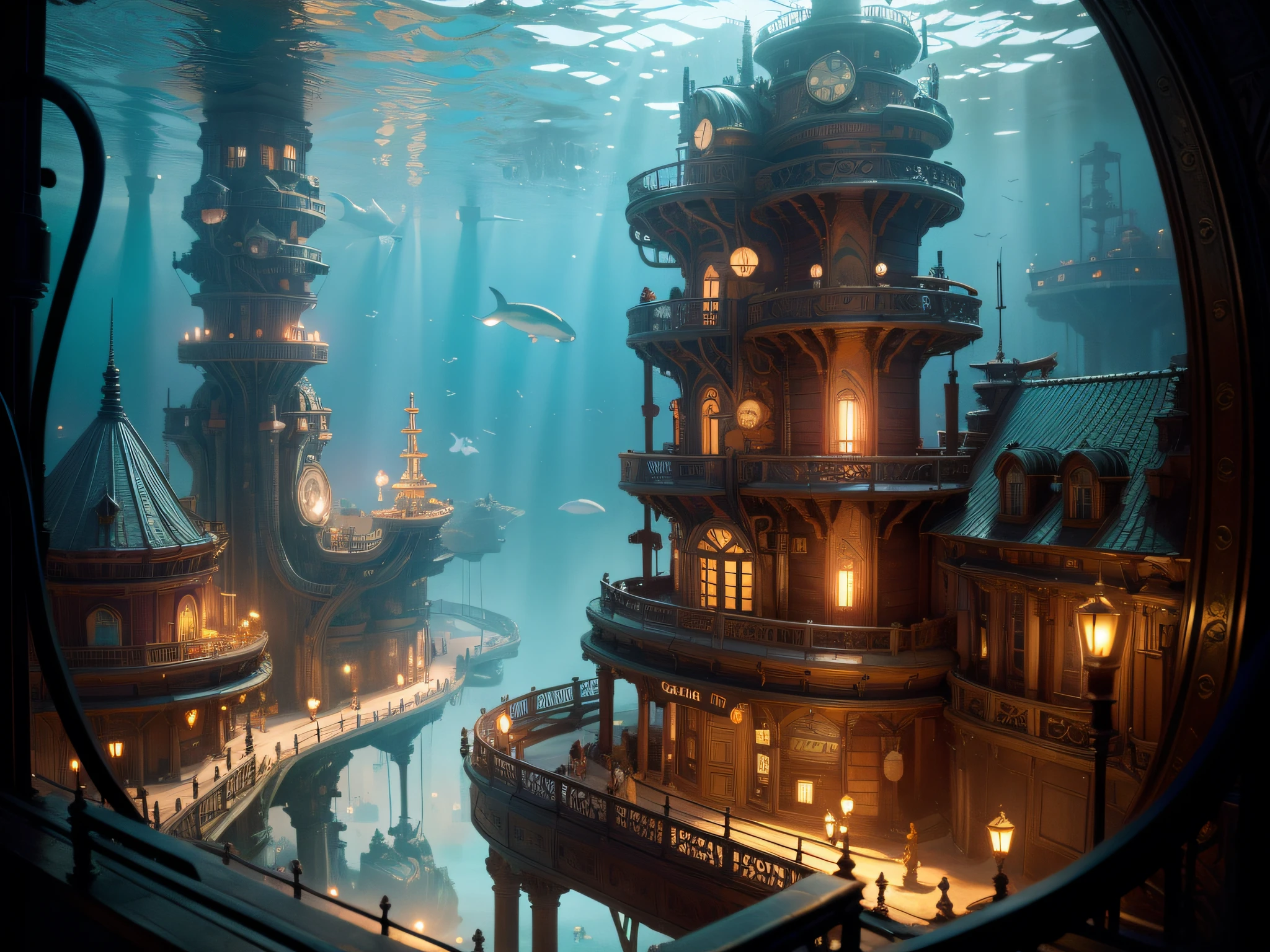 Gigantesque ville sous-marine, Steampunk, ((qualité supérieure, 8k, chef-d&#39;œuvre: 1.3)), ultra détaillé, complexe, baleines, Réaliste, Océan, Lumière vive, barrière de corail