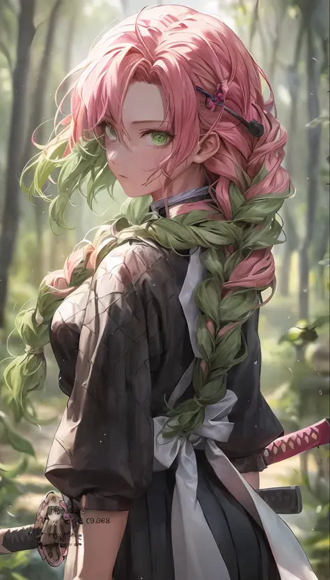 anime girl with pink hair and green eyes holding a sword, demon slayer rui fanart, demon slayer artstyle, clean detailed anime a...