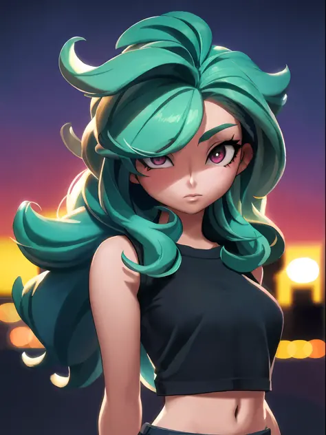 a close up of a cartoon girl with green hair and a black top, stylized anime, anime style 4 k, anime style. 8k, anime girl with ...