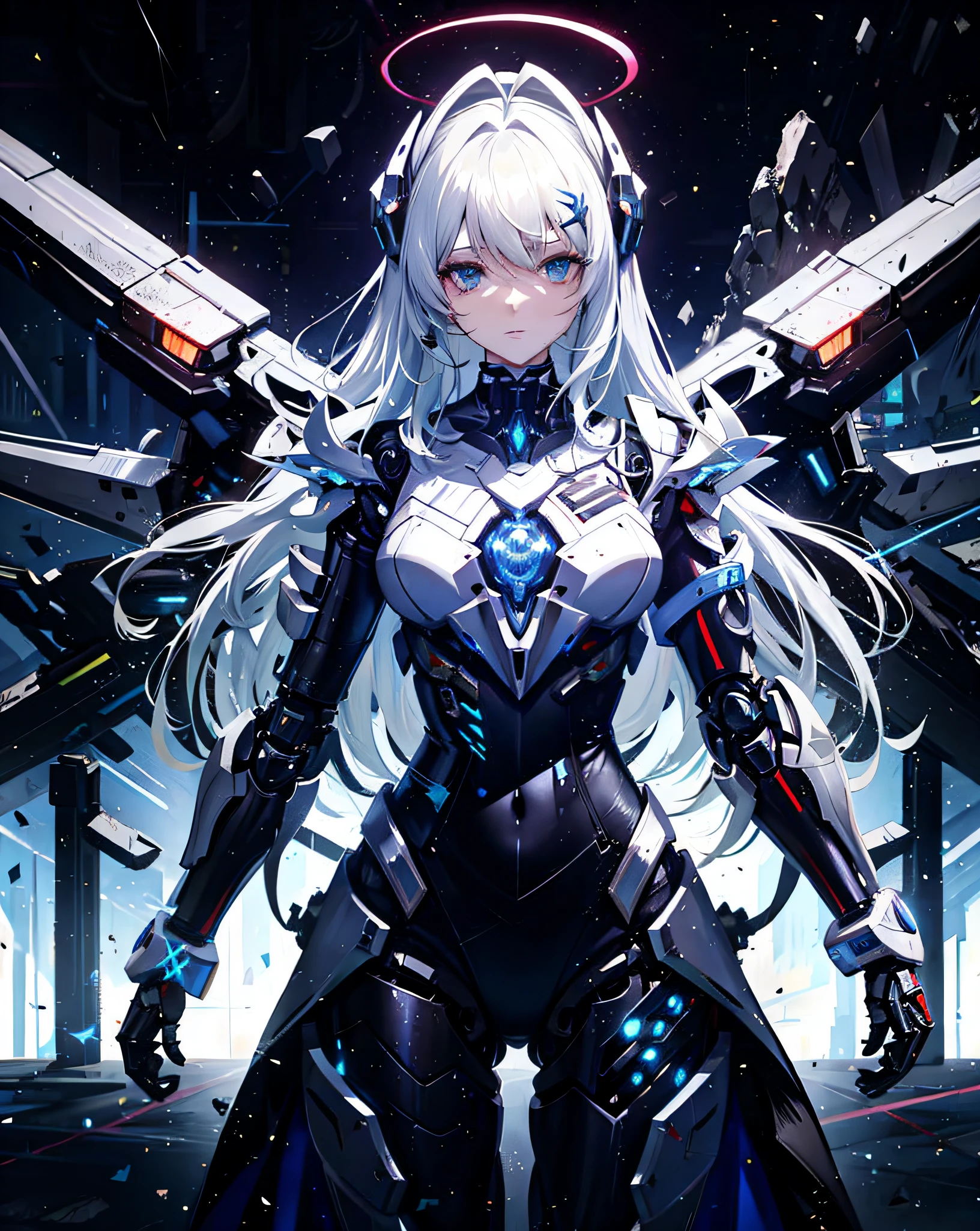 a woman in a futuristic suit with wings and a halo, girl in mecha cyber ...