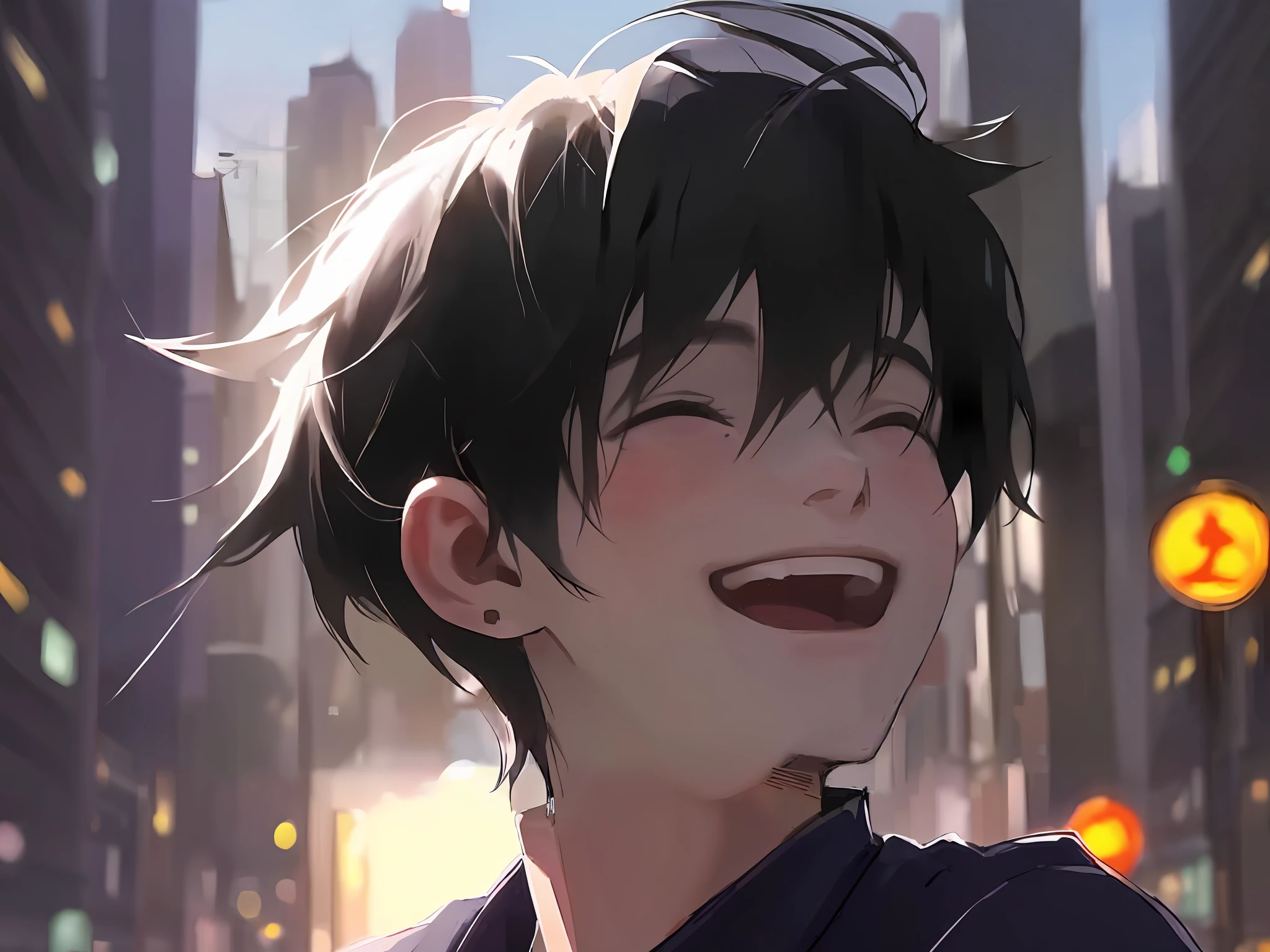 动漫男孩 with black hair and a smile in the city, artwork in the style of 古魏兹, 动漫男孩, [[[[邪恶地笑着]]]], 古魏兹, 年轻动漫男人, 淫笑, 高品质动漫艺术风格, 可爱的动漫脸, 疯狂的微笑, 逼真的动漫艺术风格, 令人惊叹的动漫脸部肖像, 咧嘴大笑