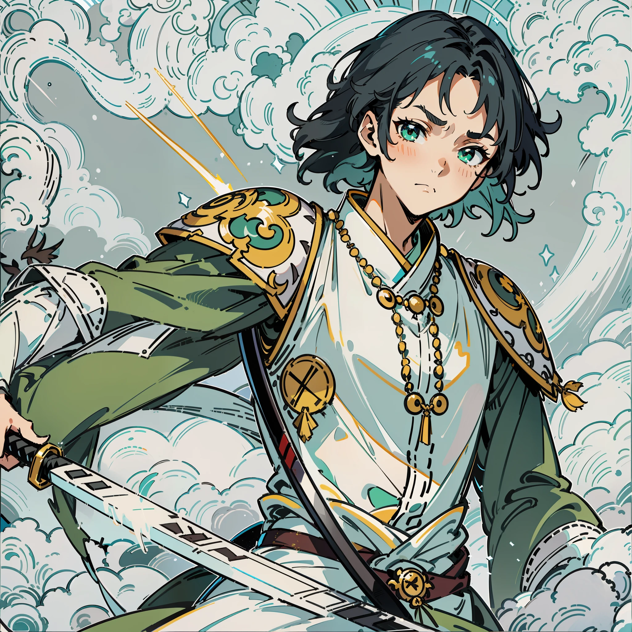 Swordsman boy, best quality (katana: 1.4), serious, (at night: 1.4), a single young man of 16 years who His hair is thick and has a healthy appearance, his hair is short, full body, on a plain with stunning scenery contrasting with his fair skin. The young man's eyes are deep and emerald green, intense as two light pearls. They reflect calm and an inquisitive curiosity. With his upright posture, the young man shows a confident bearing and a cheerful and hyperactive aura. He is shirtless and underneath wears the underside of a white and light green kimono with blue-green accents with patterned grey clouds, with a large yellow ribbon at his waist, sleeveless, made of a quality fabric. giving him the look of a swordsman. At his waist, he carries a white katana with gray details on the blade. The long and sharp blade is made of polished steel, reflecting light., crazy, cinematic lighting, ray tracing, scanlines, character chart, column lineup, border, afterimage, close-up, panorama, f/1.8, Sony FE, emphasis lines, macro photo, Hasselblad, UHD, high quality, 4K .