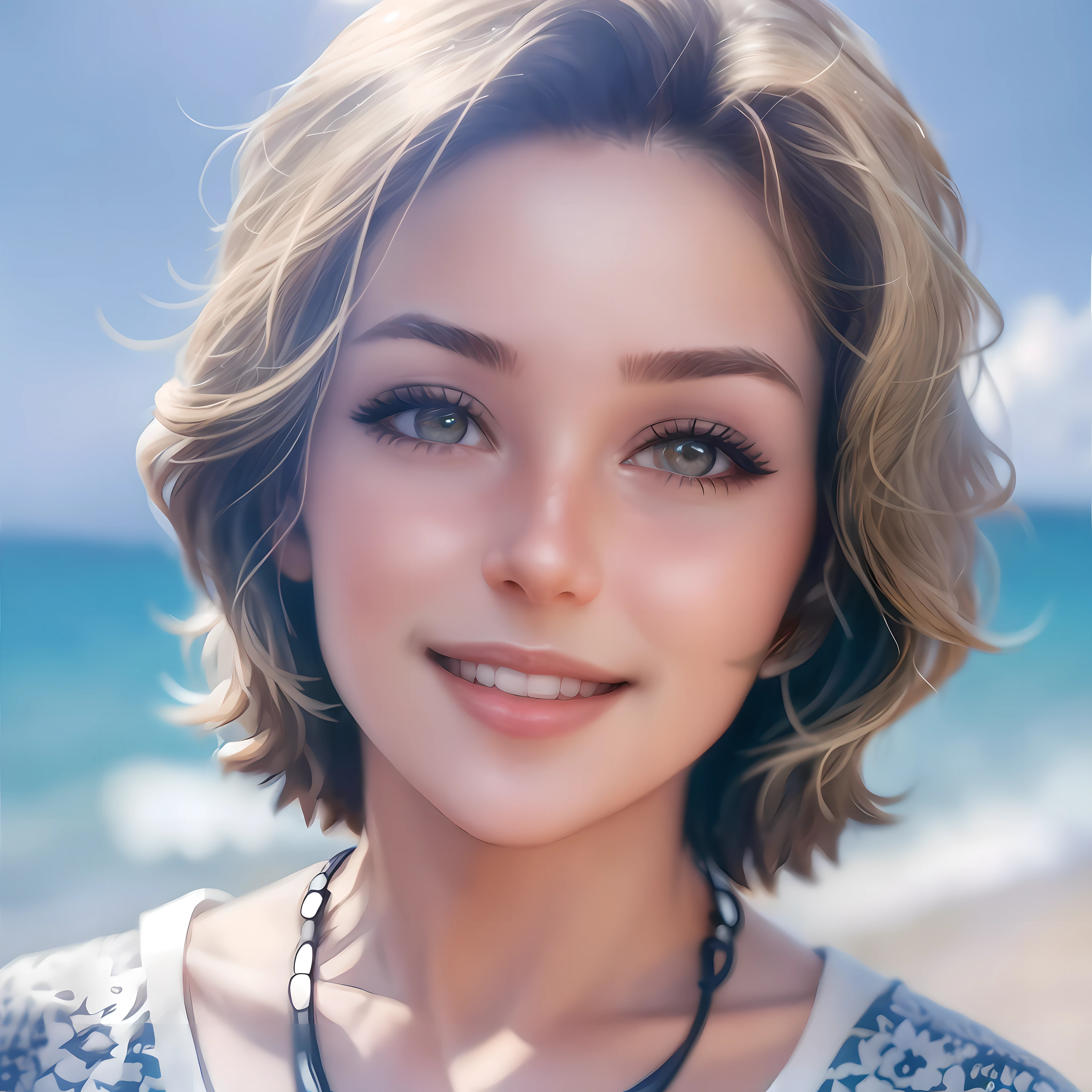 smiling woman with short hair and necklace on beach near ocean, soft portrait shot 8 k, 8k portrait render, realistic portrait photo, photorealistic beautiful face, high quality portrait, smiling woman, stylized portrait h 640, mature facial features, photo of a beautiful woman, realistic beautiful face, beautiful realistic face, photo realistic portrait, photo-realistic face