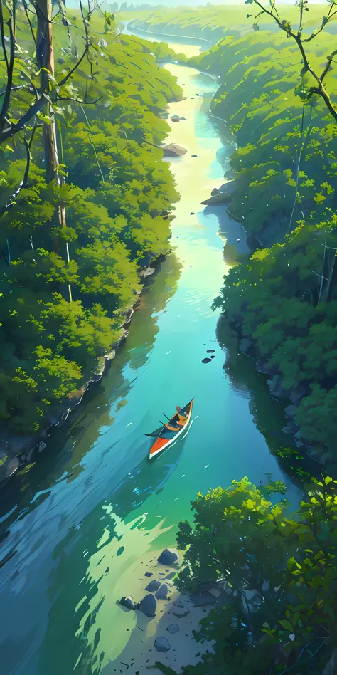 Seen from the sky, the river winds with very clear, calm water, in the middle of it looks a traditional kayak, walking slowly, on the right and left of the river is a mangrove forest with a dominance of green, 8k wallpaper