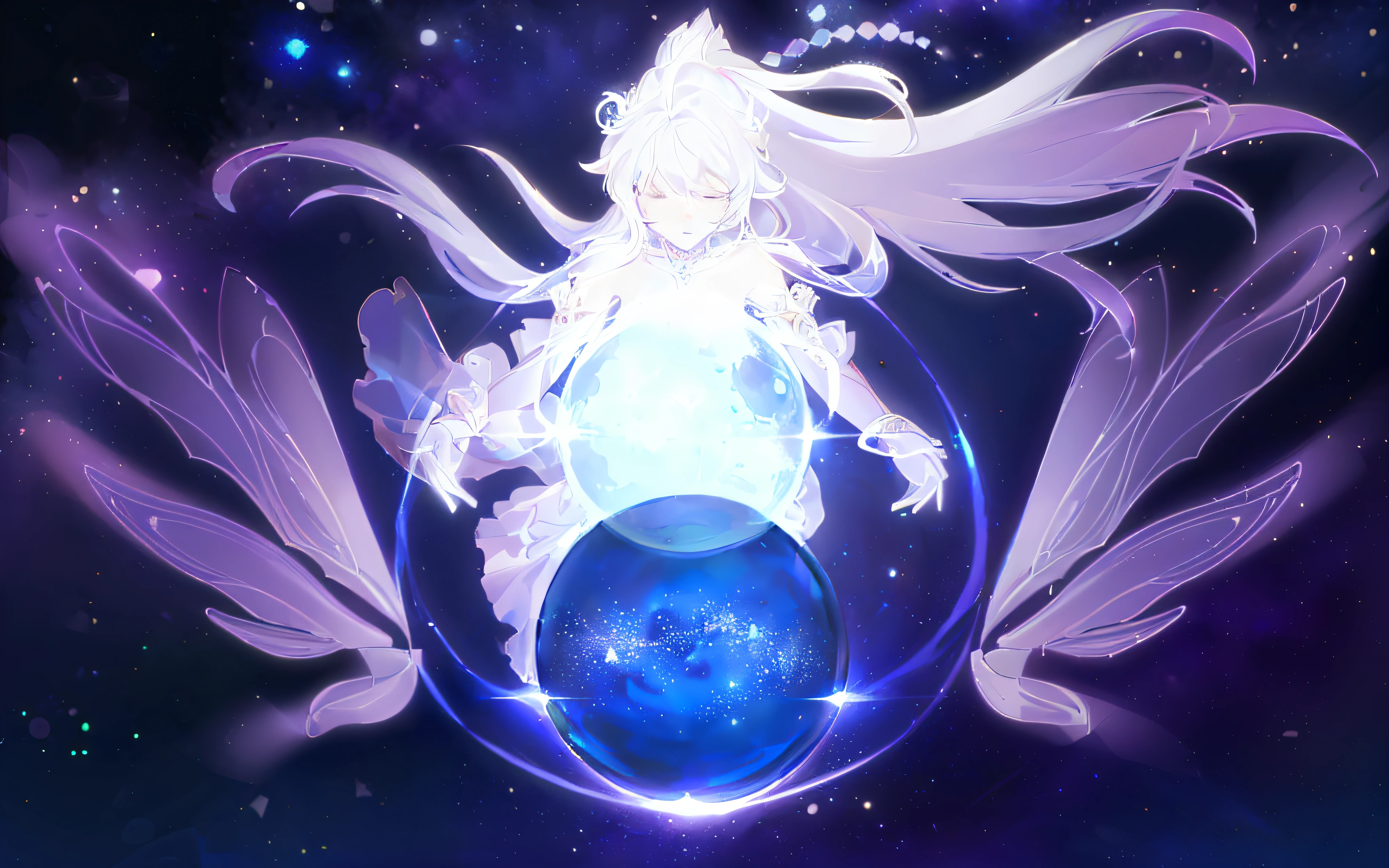 Anime girl with long hair and white dress holding a blue ball - SeaArt AI