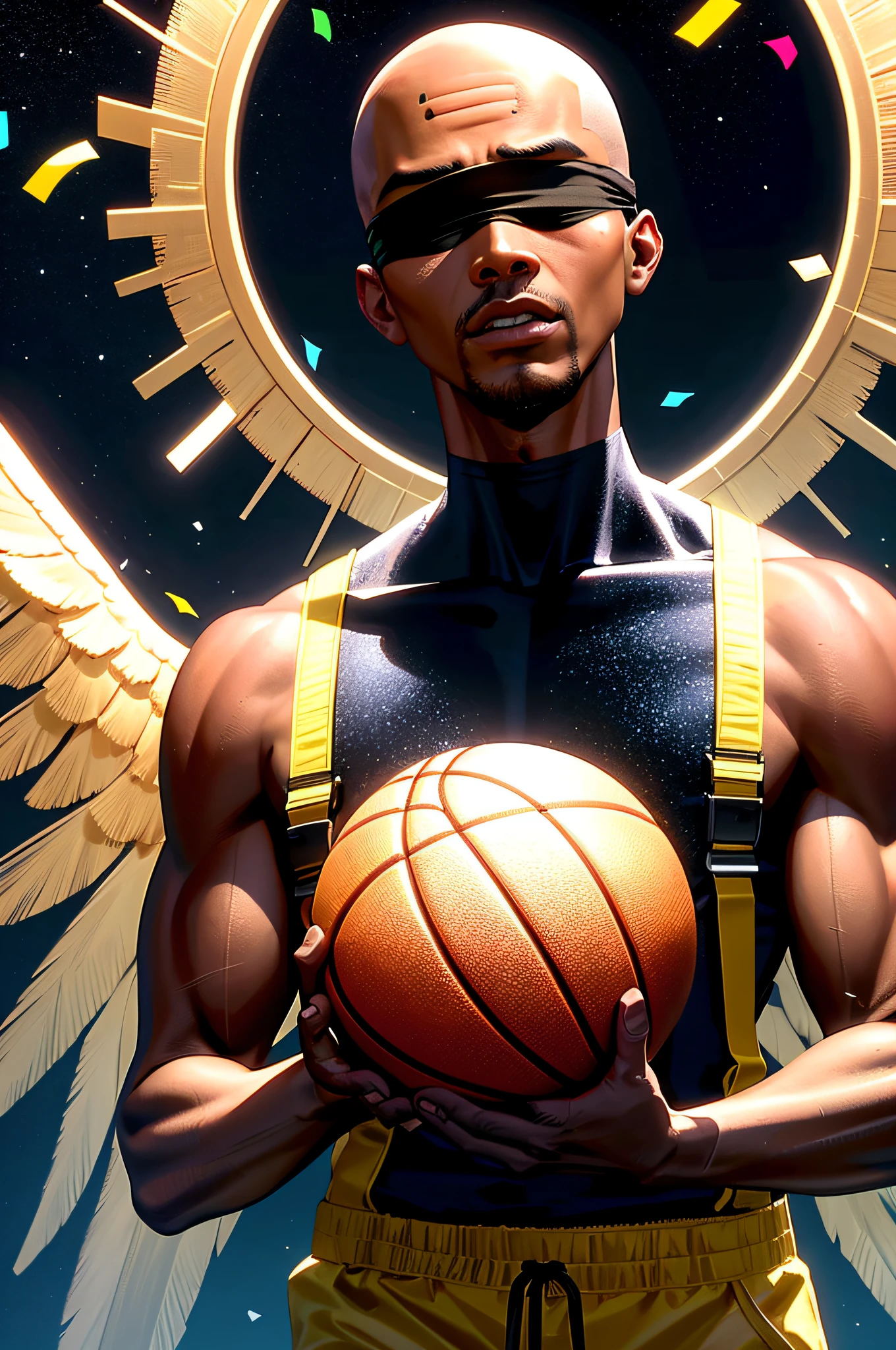 ((realistic)), cinema footage, reference photo, highest quality, high quality, (face and eye detail: 1.1), muscular black man holding a basketball on the moon, jumpsuit, baldness, subsurface scattering, intricate (high detail), ((cute), (detailed skin: 1.1), shiny skin, photorealism, volumetric lighting, cosmic (( angels)) in the background, confetti, blindfold