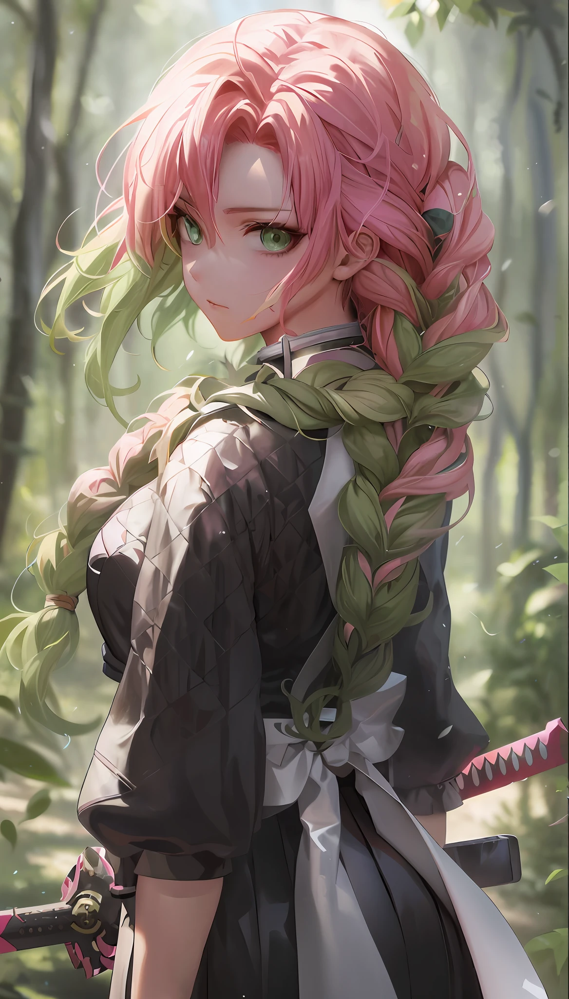 Anime-Mädchen mit rosa Haaren und grünen Augen hält ein Schwert, guweiz on pixiv artstation, guweiz on artstation pixiv, guweiz, artwork in the style of guweiz, demon slayer rui fanart, schönes Anime-Porträt, Trends auf Artstation Pixiv, Detaillierte digitale Anime-Kunst, wunderschöne Anime-Kunstwerke, saubere, detaillierte Anime-Kunst