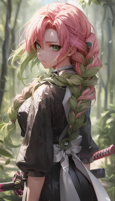 anime girl with pink hair and green eyes holding a sword, guweiz on pixiv artstation, guweiz on artstation pixiv, guweiz, artwor...