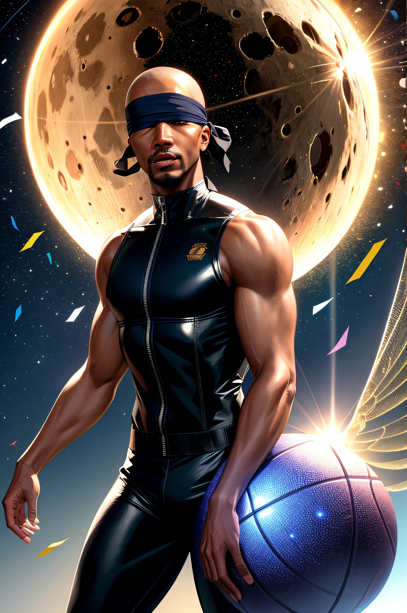 ((realistic)), cinema footage, reference photo, highest quality, high quality, (face and eye detail: 1.1), muscular black man holding a basketball on the moon, jumpsuit, baldness, subsurface scattering, intricate (high detail), ((cute), (detailed skin: 1.1), shiny skin, photorealism, volumetric lighting, cosmic (( angels)) in the background, confetti, blindfold