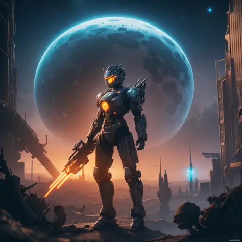 On the moon, barren planet, ruins, holding weapons, no humans, bright, robot, construction, bright eyes, orange mecha, science fiction, city, reality, mecha, galaxy background, whole body, neon, cyber punk, 8K wallpapers, ultra-detailed art, cinematic ligh...