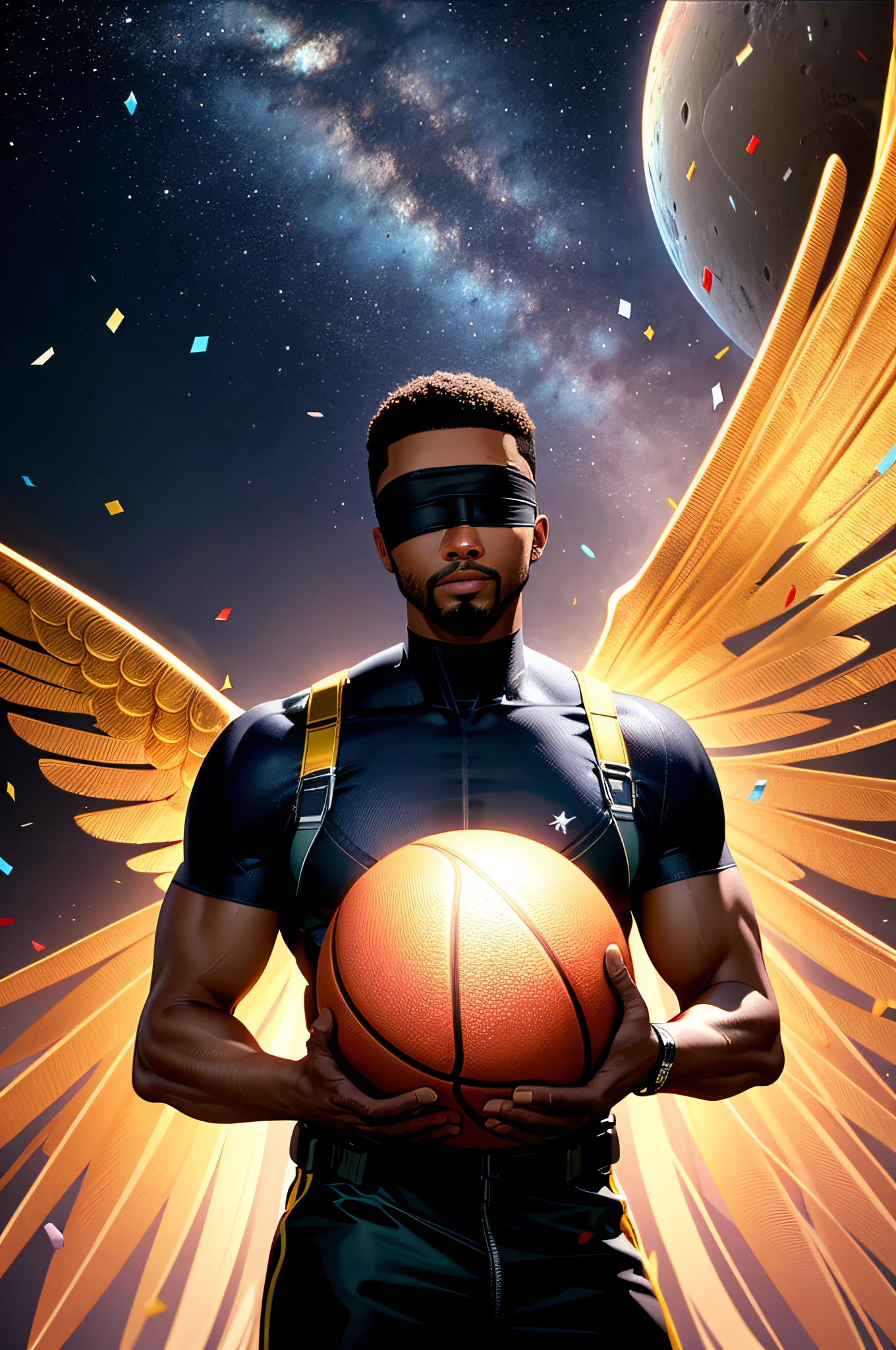 ((realistic)), cinema footage, reference photo, highest quality, high quality, (face and eye detail: 1.1), muscular black man holding a basketball on the moon, jumpsuit, baldness, subsurface scattering, intricate (high detail), ((cute), (detailed skin: 1.1), shiny skin, photorealism, volumetric lighting, cosmic (( angels)) in the background, confetti, blindfold