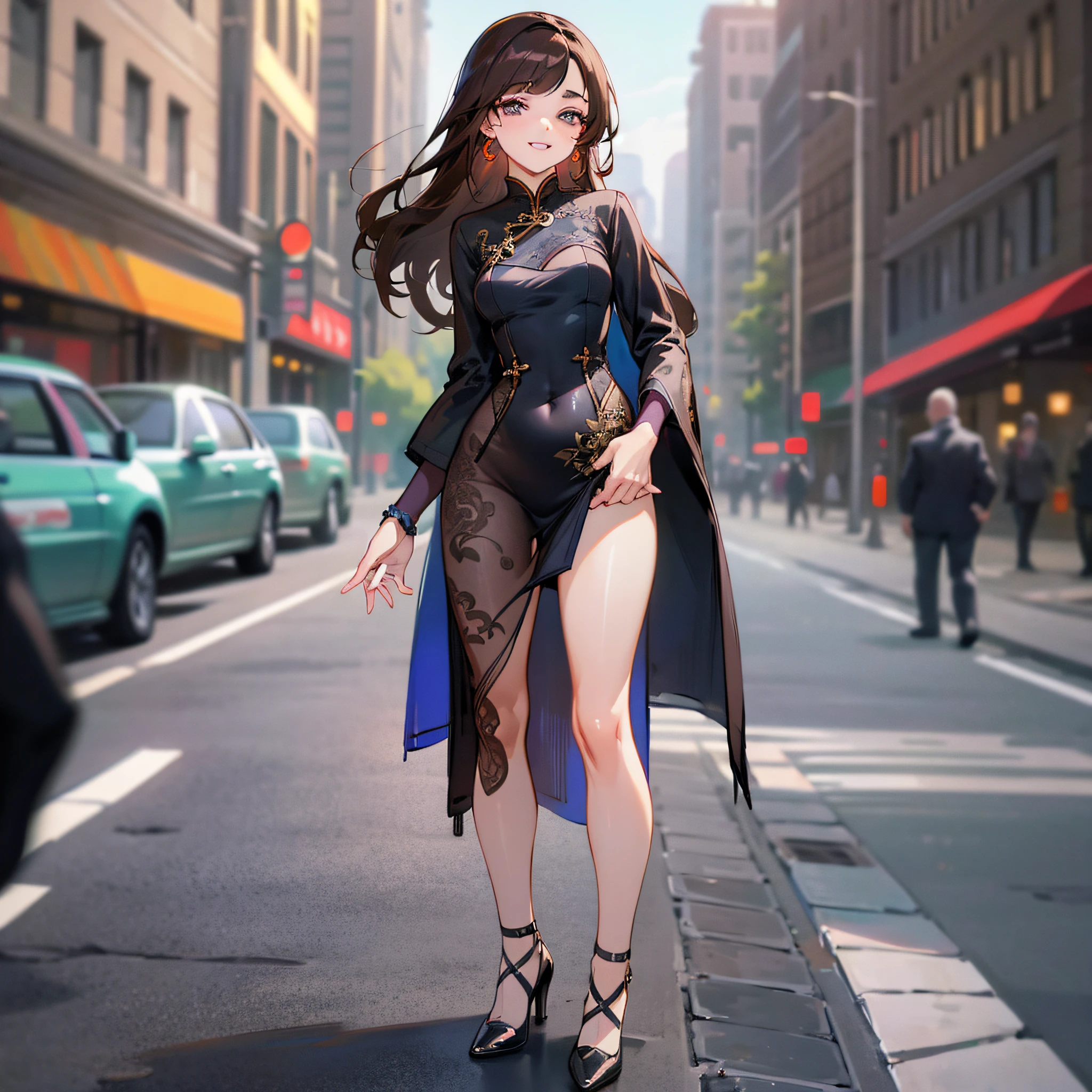 ((Best Quality, 8K, Masterpiece: 1.3)), 1 Girl, Smile, Slim Face, Beautiful Woman, (Dark Brown Hair), Tight Cheongsam :1.1,High Heels, Ultra-detailed Face,Ultra-detailed Hands, Detailed Eyes, Double Eyelids, Blurred Background, Slim Face, City, Outside, Street, Lens Zoom Out to See Full Body --auto --s2