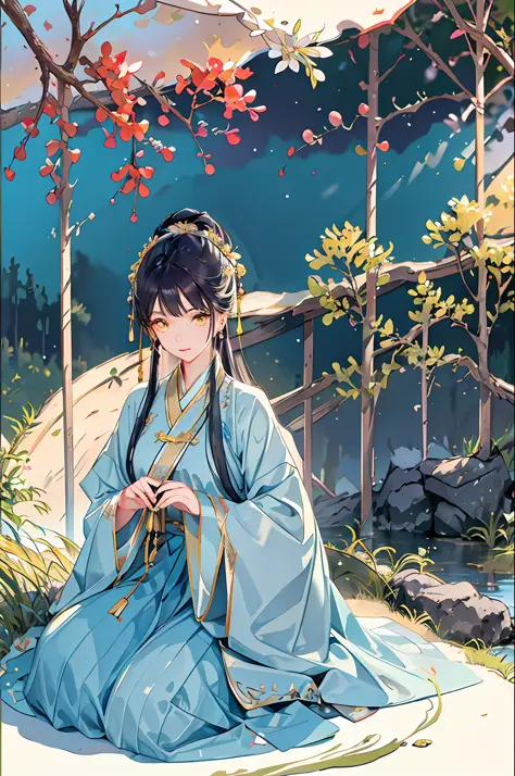 Best quality, intricate details, high resolution, (beautiful details water: 1.4), (Hanfu, Song system), yellow eyes, (holding a sword: 1.5)