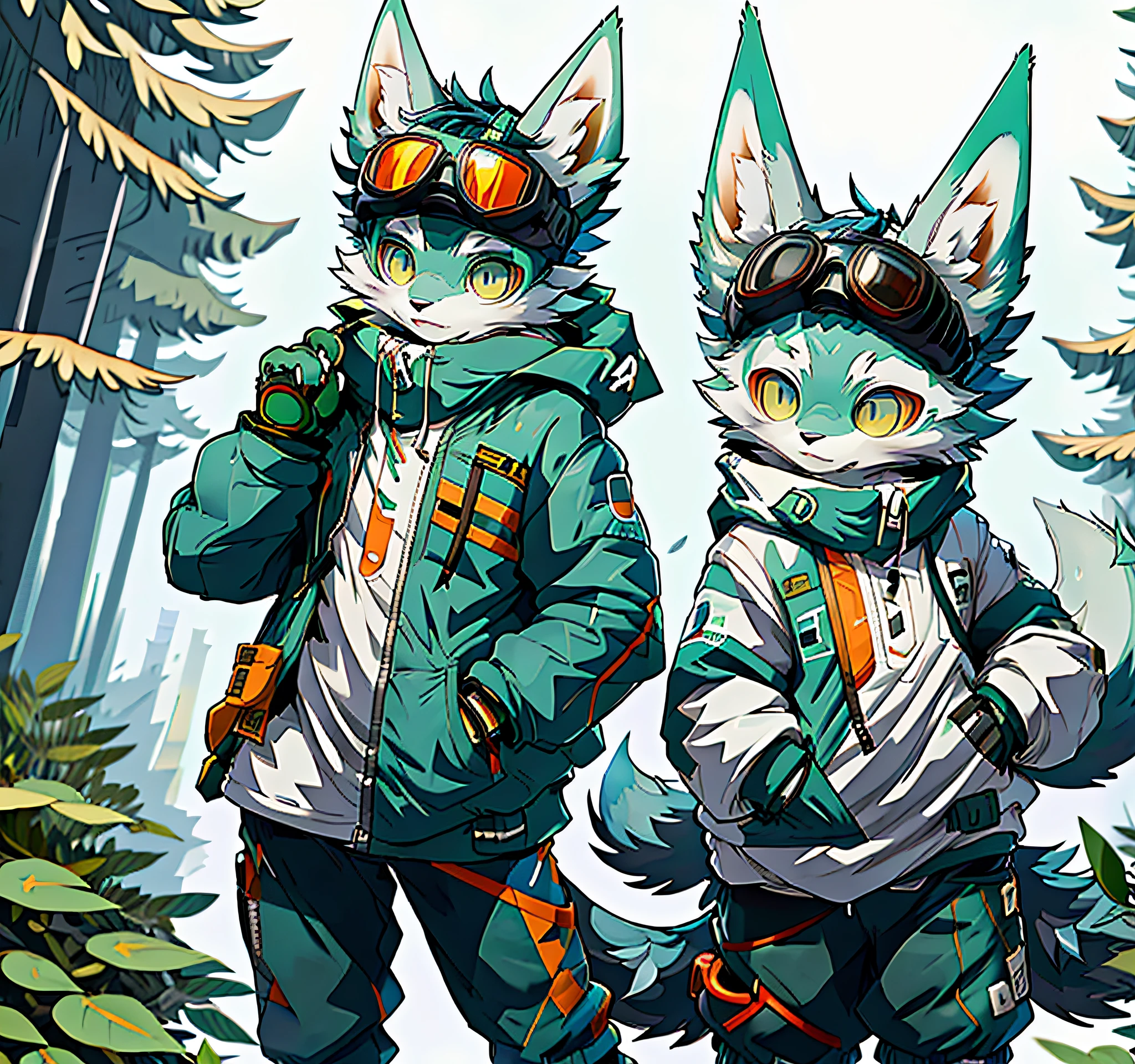 Anime characters with goggles and forest background on their heads, white fur, white fox anime, young female furry avatar, Holo is a wolf girl, anime catwoman, Sora as a cat, anime cat, anthropomorphic cyberpunk fox, furry anime, cyber goggles, full robot!! Catwoman, Fox Scientist, from Arknights, VRCHAT, 8K HD