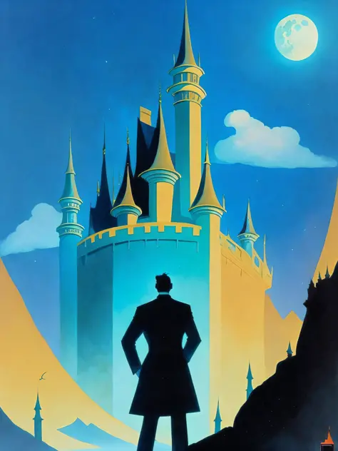 a painting of a man standing in front of a castle with a full moon in the background by ralph bakshi