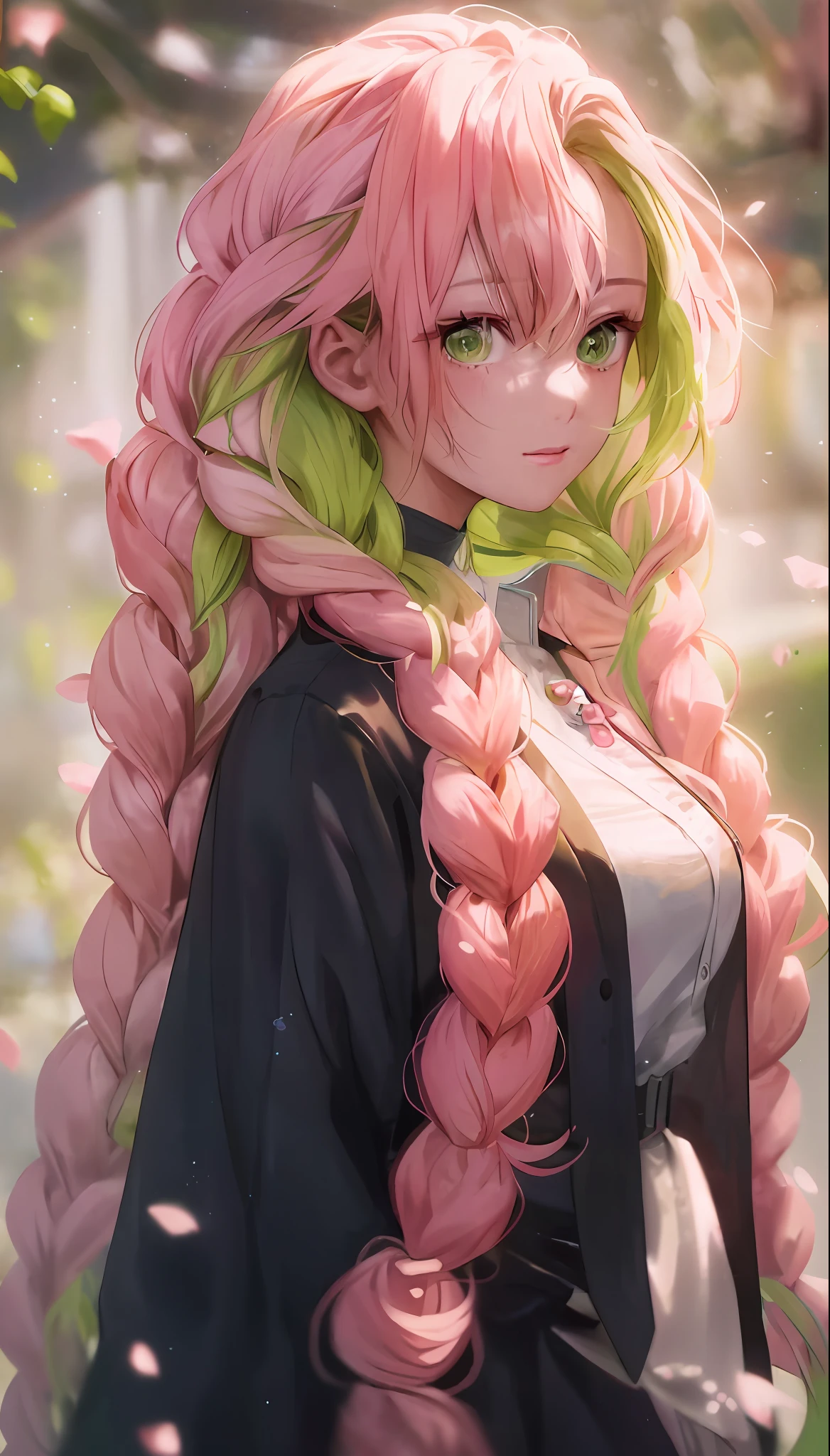 ojos verdes, Primer plano de una persona con cabello largo y rosa y bufanda verde, hermoso retrato animado, arte de anime digital detallado, Chica anime con pelo largo., retrato de estilo anime, retrato detallado de chica anime, Hermoso estilo de arte anime, arte detallado del personaje de anime, arte anime limpio y detallado, Estilo de arte anime de alta calidad., retrato de chica anime, hermosa chica anime, cute retrato de chica anime