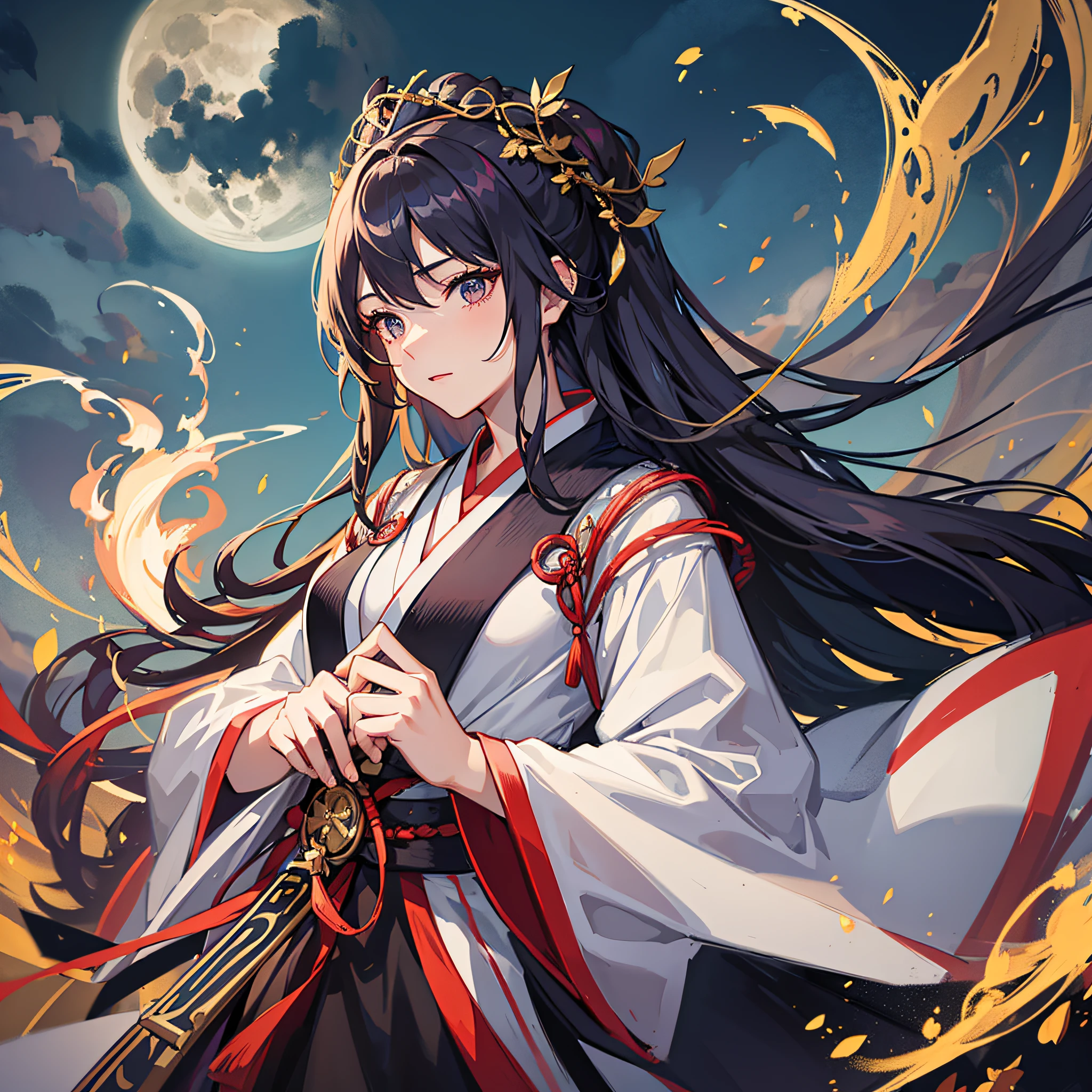 Masterpiece, best quality, night, hills, clouds, full moon, long hair, woman, silhouette, firefly, holding a sword, Hanfu, wearing a long Hanfu, cicadas, --auto --s2